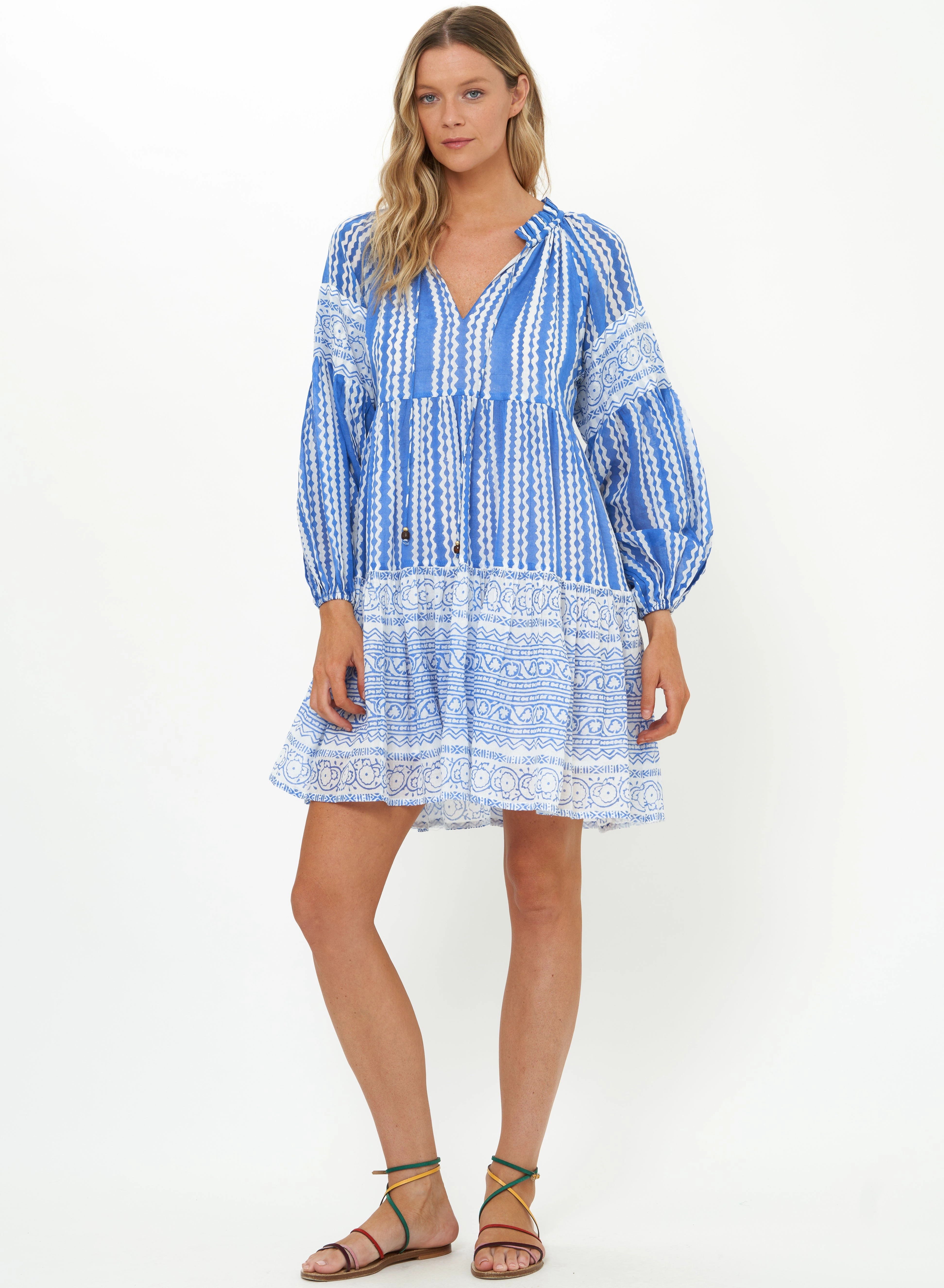 WrinkleResistantFinish Crisp Silhouette Balloon Sleeve Short Ziggy Blue