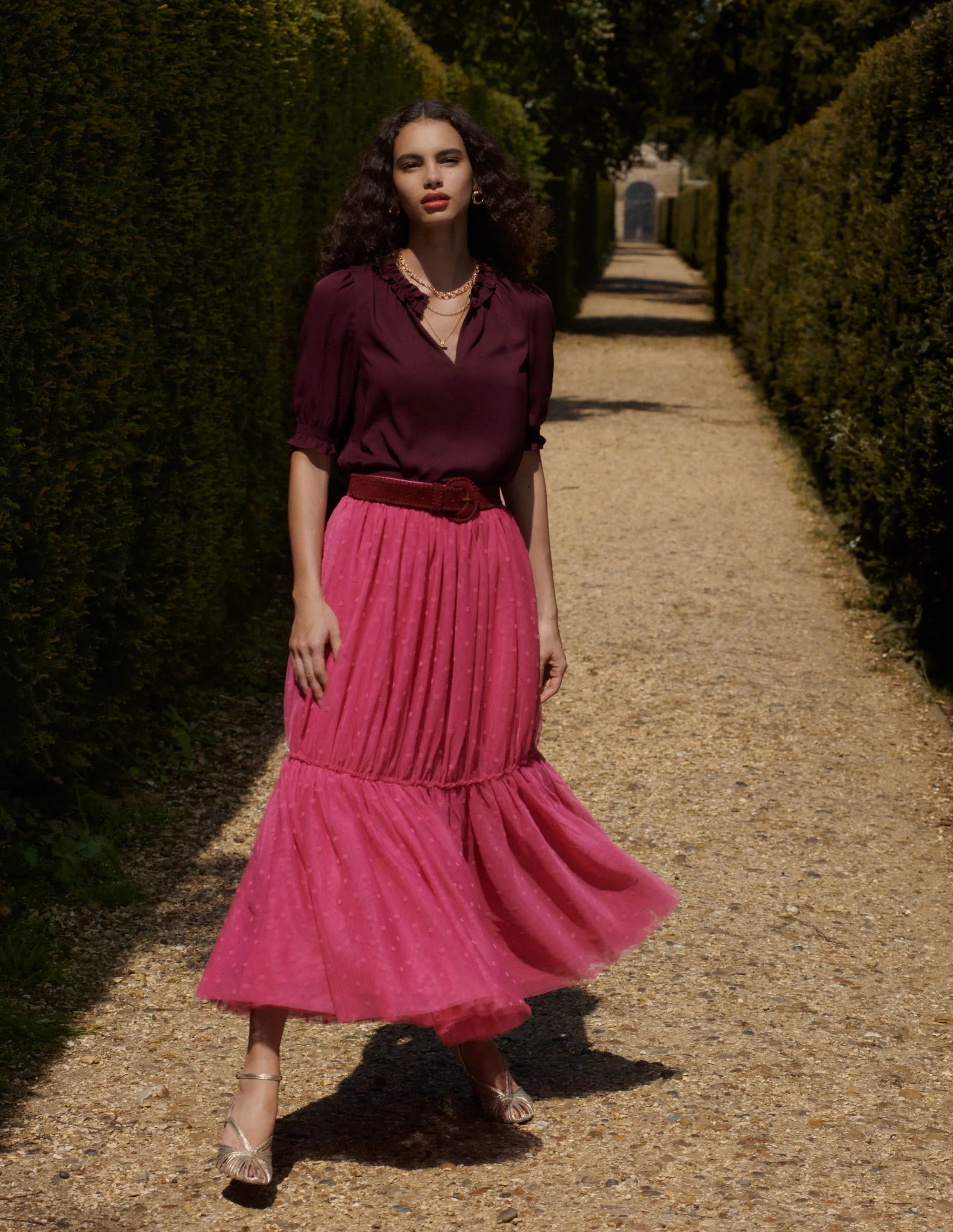 Layered Shoulder Daily Wear Ria Short Sleeve Top-Dark Cherry