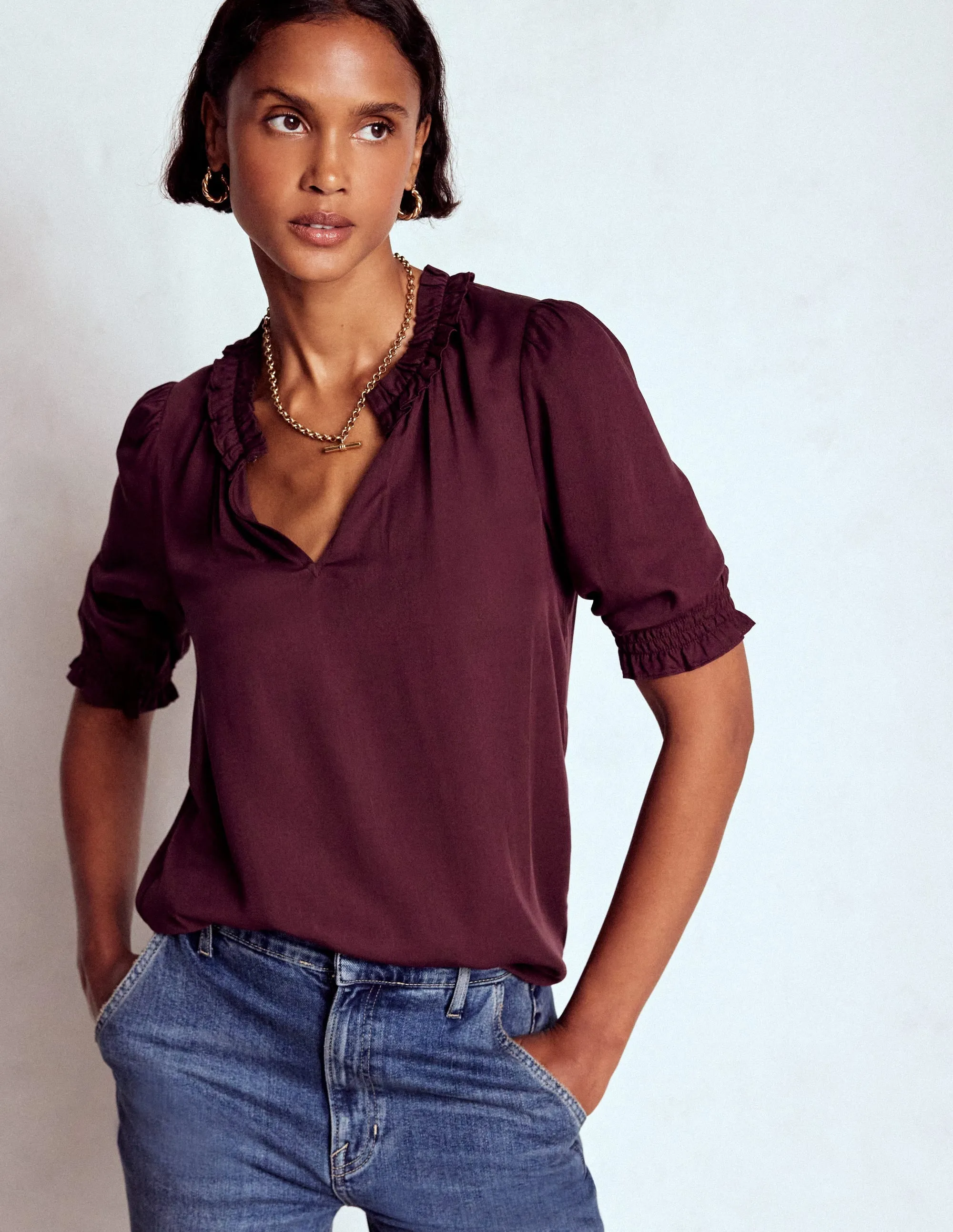 Tailored Seams Flatlock Seam Design Ria Short Sleeve Top-Dark Cherry