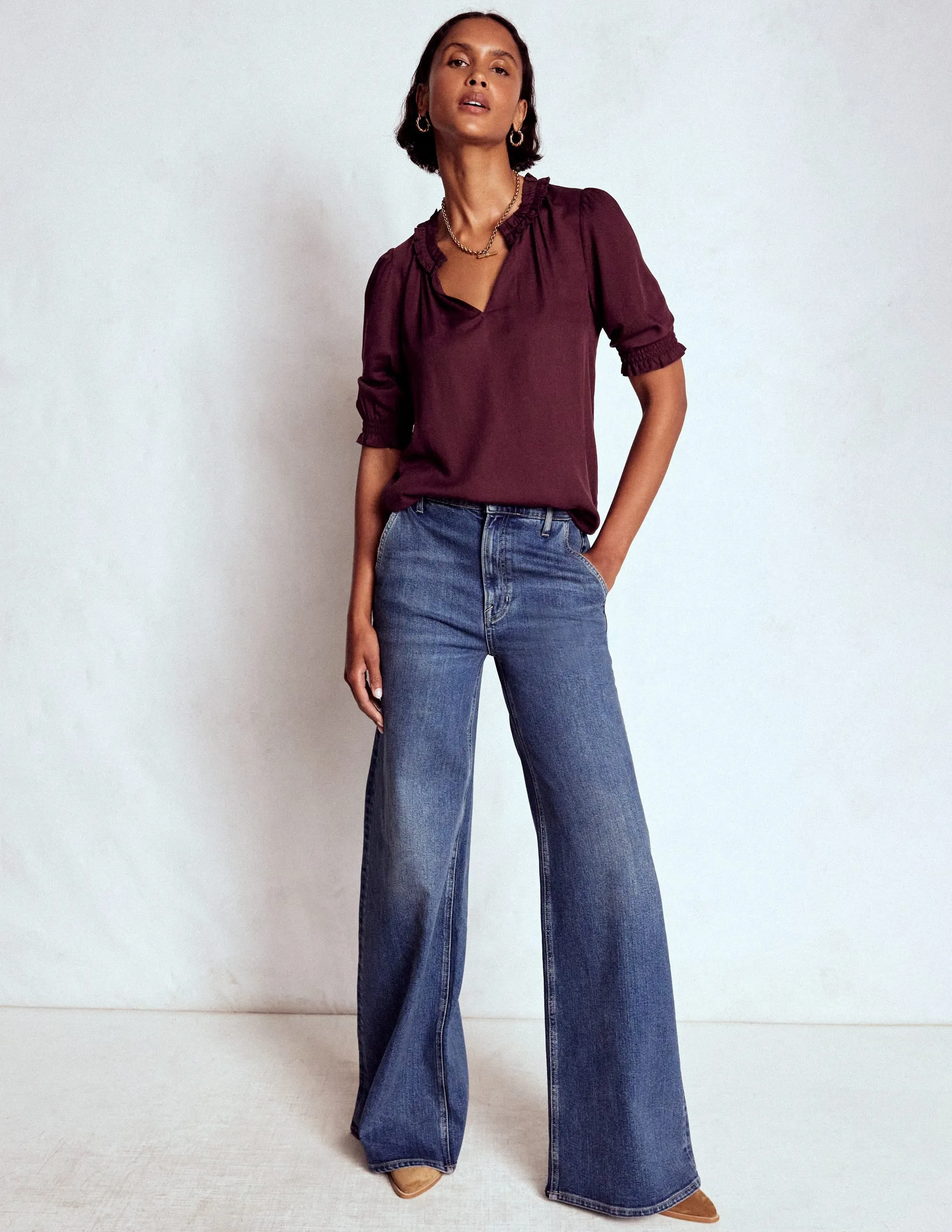 Ria Short Sleeve Top-Dark Cherry High Neckline