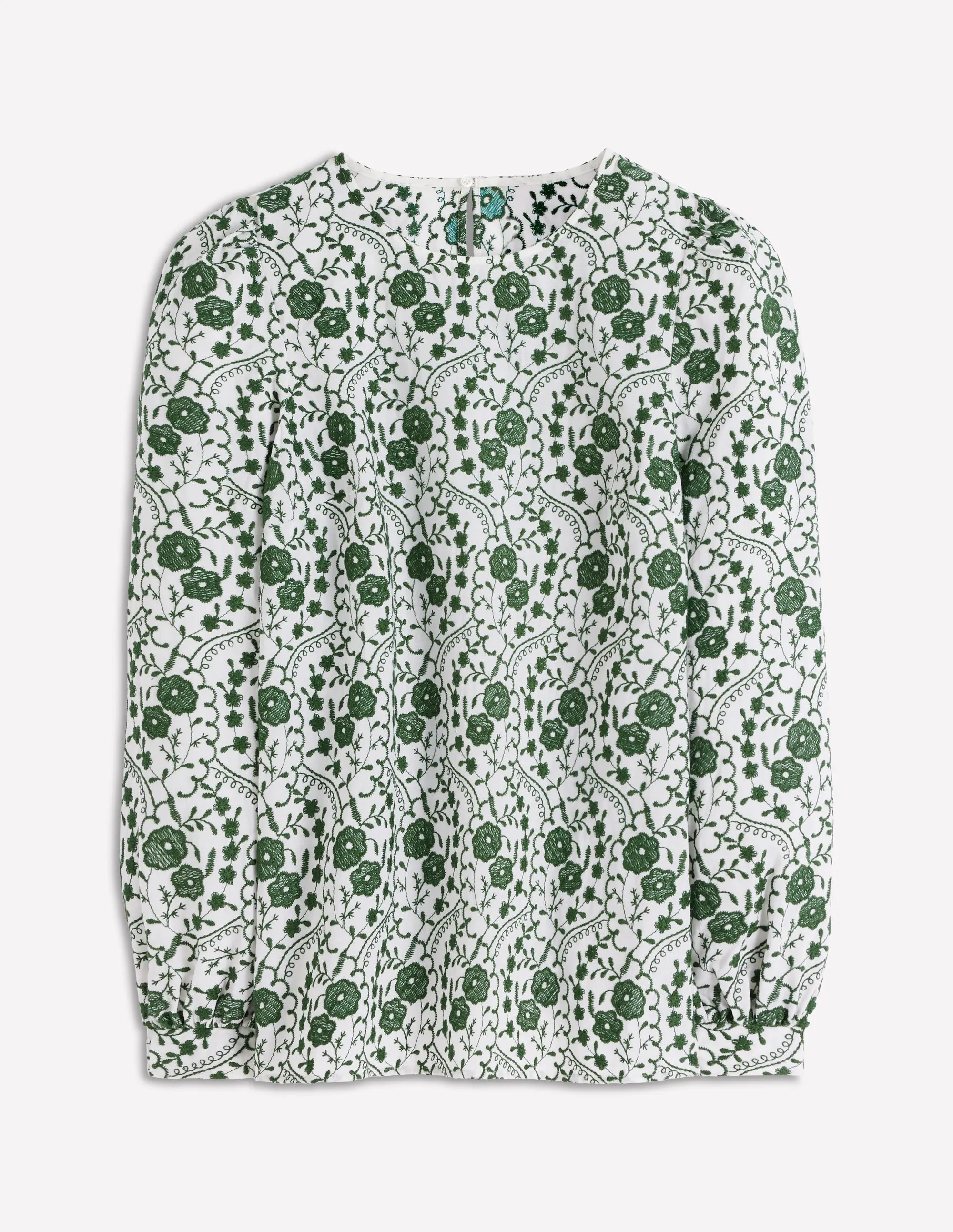 Embroidered Cotton Top-Ivory Rolled Hem Detailing Comfortable Layer