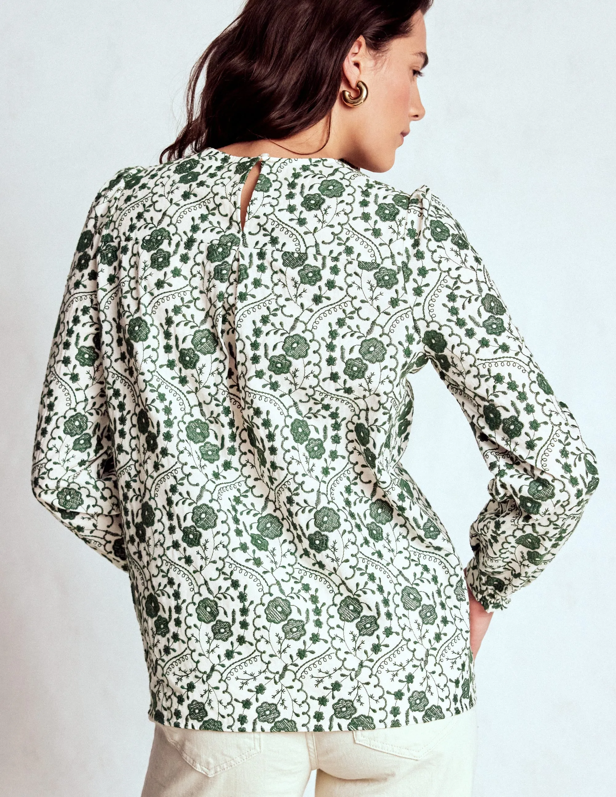 Flexible Waistband Adaptation AntiPill Surface Embroidered Cotton Top-Ivory