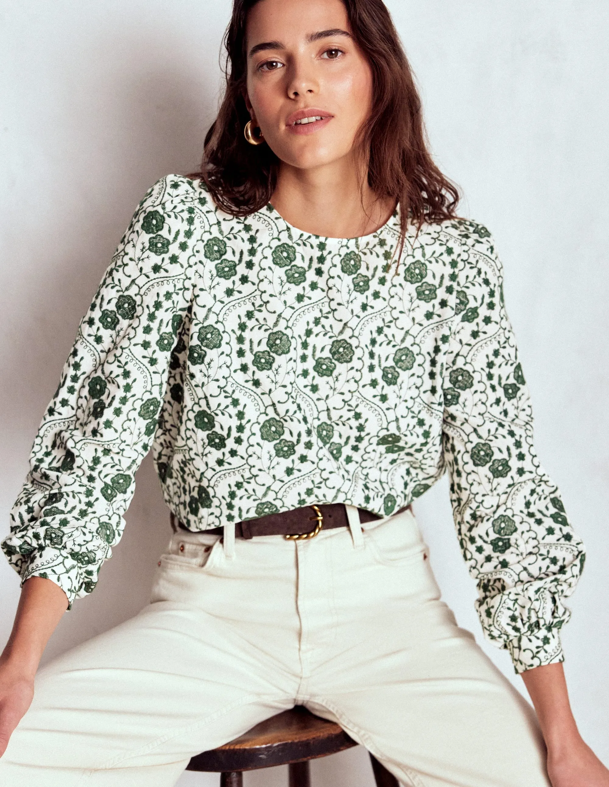 EcoFriendlyBlend Embroidered Cotton Top-Ivory