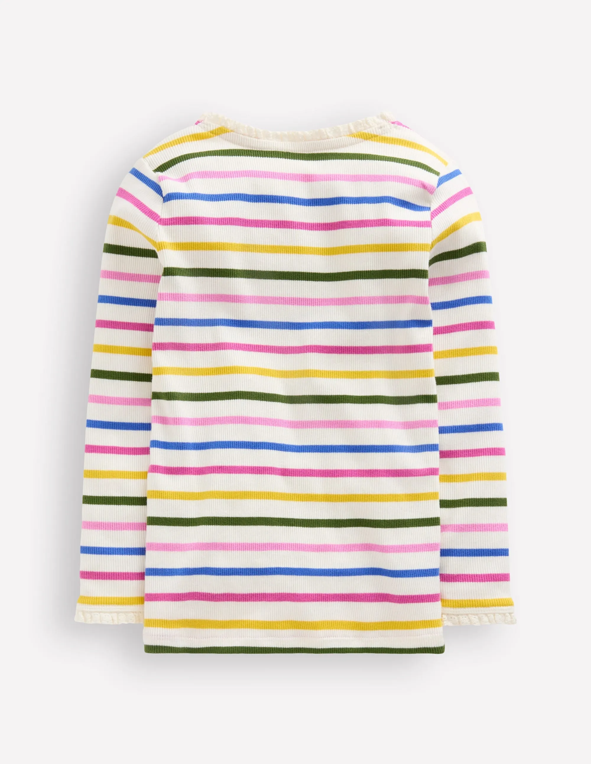 Ribbed Neckline Ribbed Long Sleeve T-shirt-Rainbow Stripe