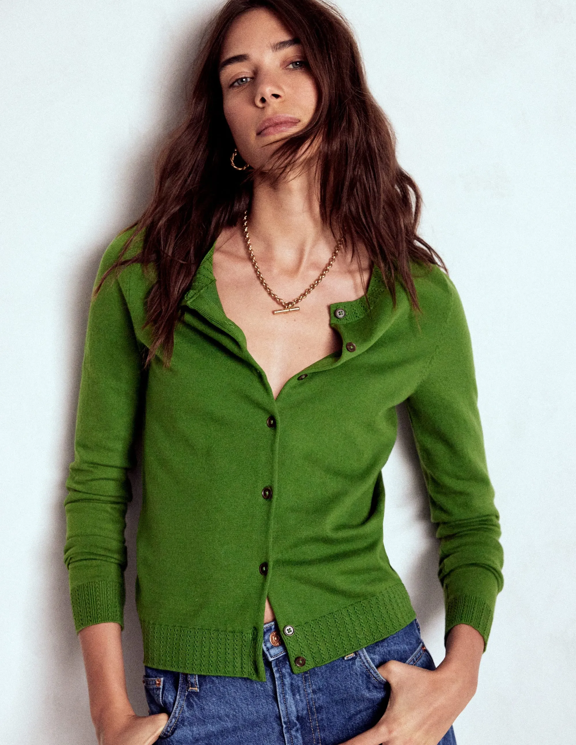 Emilia Cotton Crew Cardigan-Promenade Green Evening Stroll