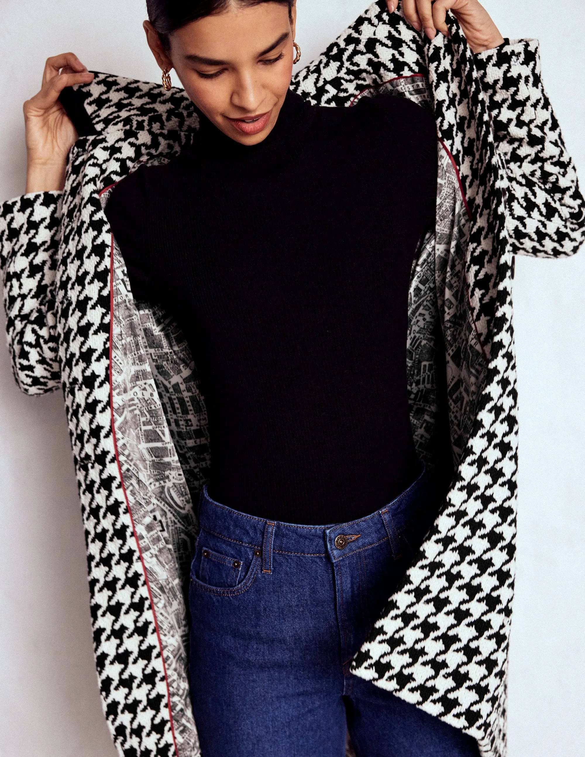 Edinburgh Swing Coat-Black Dogstooth Smooth Finish