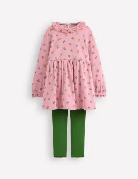 Ribbed Tunic Set-Vintage Pink Spaced Ditsy Fashion-Forward Look Beach Wear