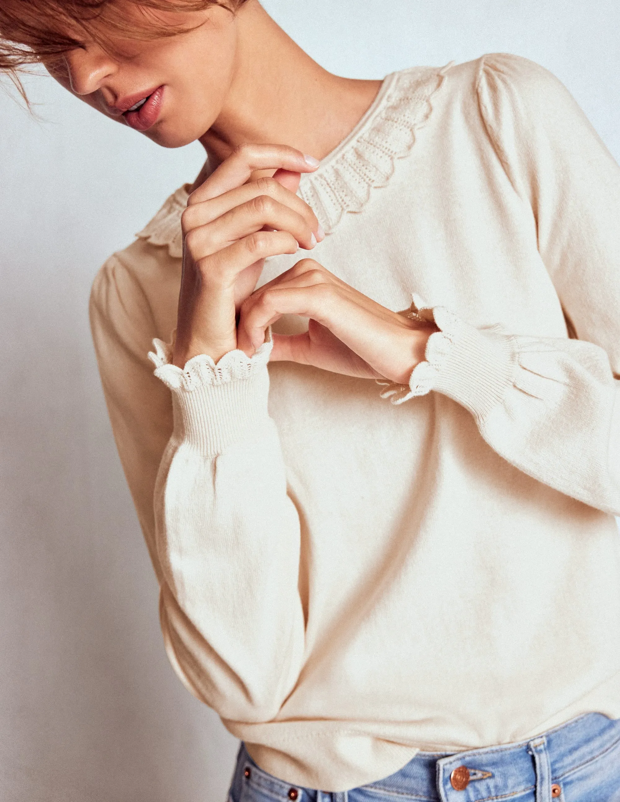 Openwork Lattice Pattern Lightweight Thermal Insulation Melina Cotton Ruffle Jumper-Warm Ivory