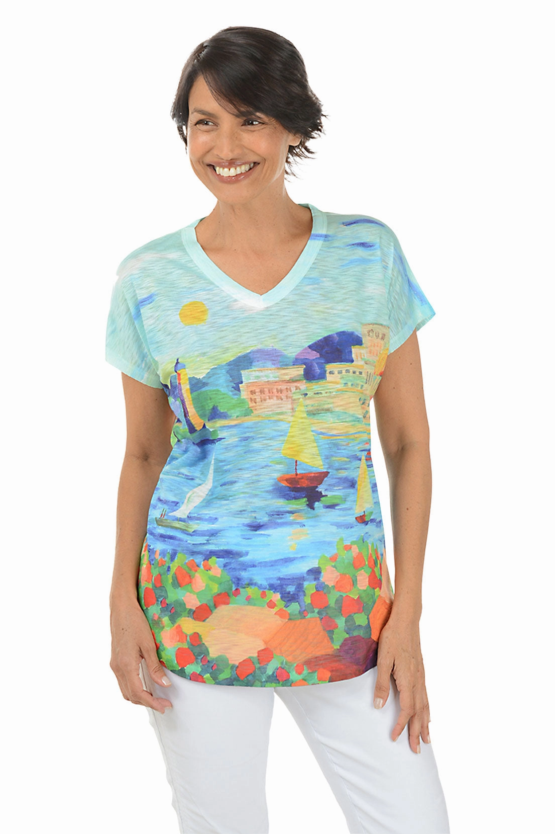 Compact Weave Fabric SoftKnit Riviera Short Sleeve Slub Knit Top