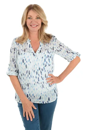 VentilatedMeshPaneling Breathable3DKnit Tear Drops Gauze Henley Blouse