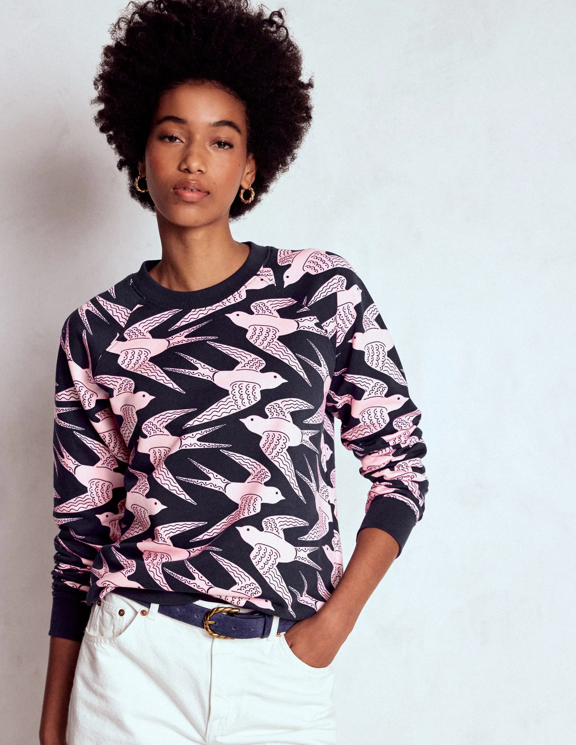 Adjustable Hemline Rosa Printed Sweatshirt-Navy, Pink Swooping Swallow