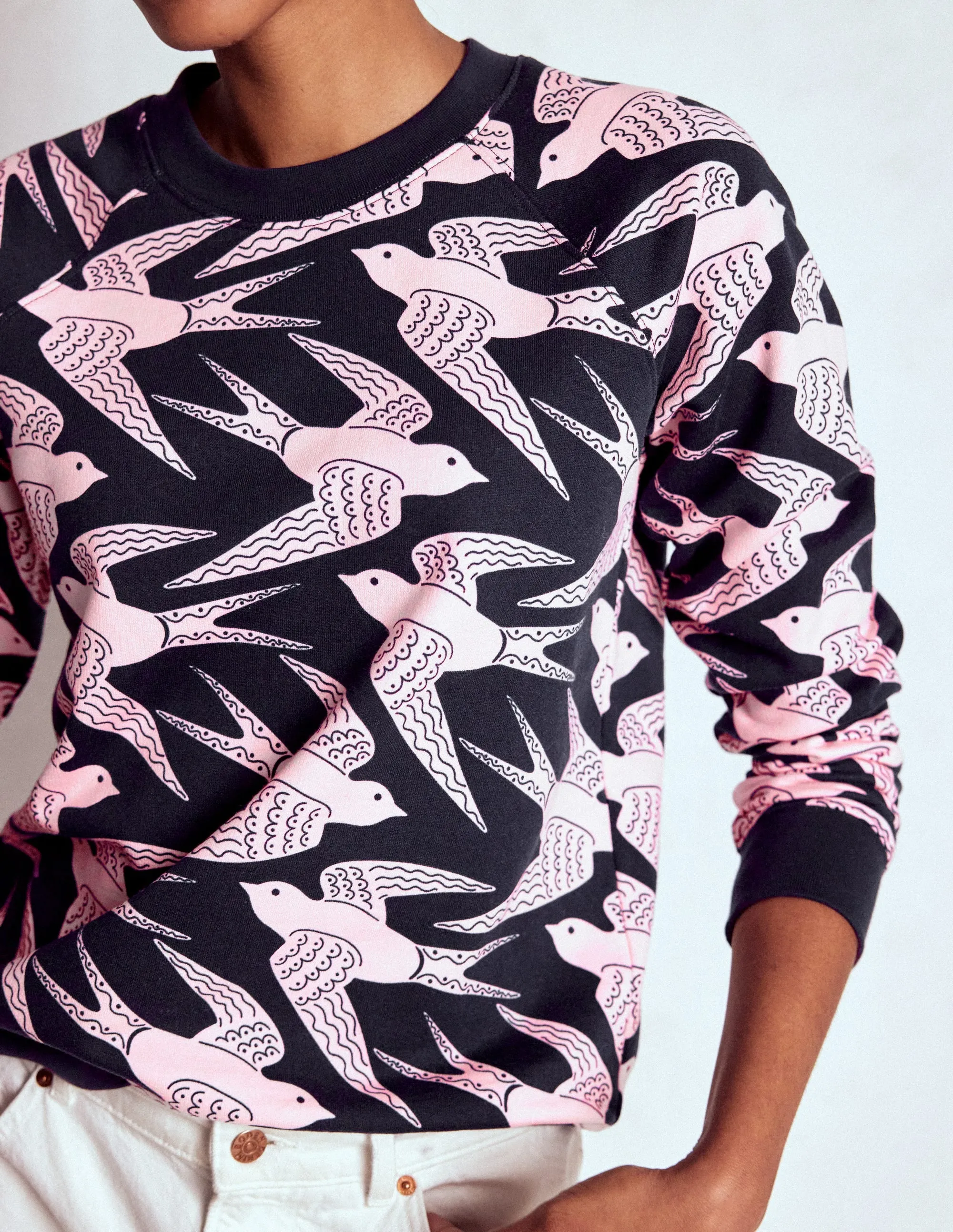 HighStretchElastic Ethically Sourced Yarn Rosa Printed Sweatshirt-Navy, Pink Swooping Swallow
