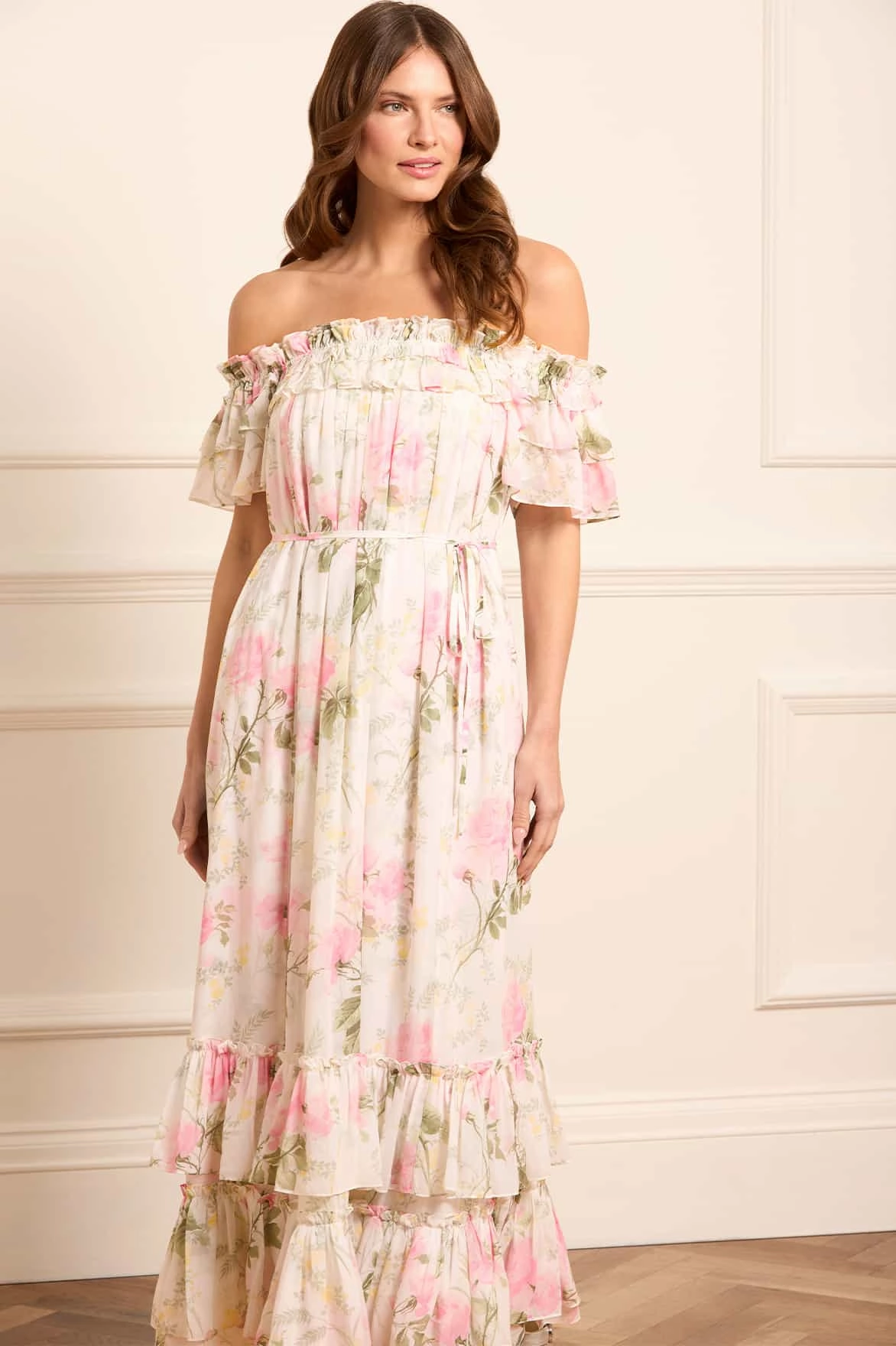 Chilly Comfort Rose Chiffon Off-Shoulder Ankle Gown