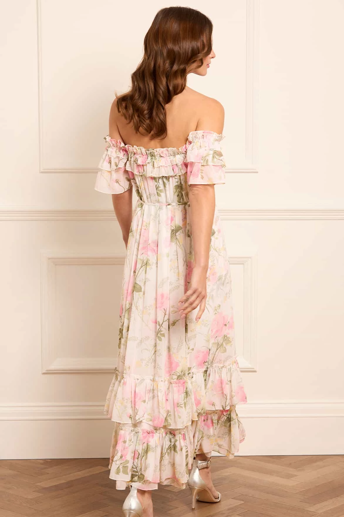 Evening Motion Rose Chiffon Off-Shoulder Ankle Gown