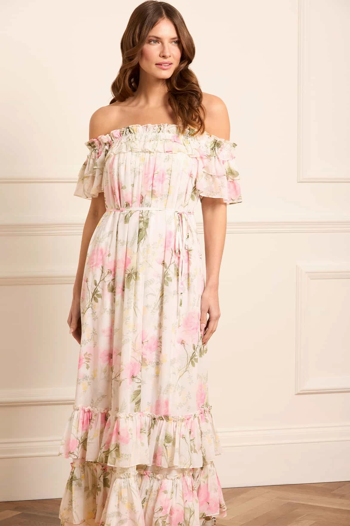 Rose Chiffon Off-Shoulder Ankle Gown Satin Glow