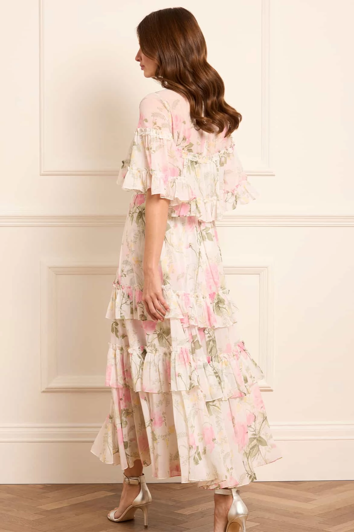 Rose Chiffon Tiered Cape Ankle Gown Subtle Flow