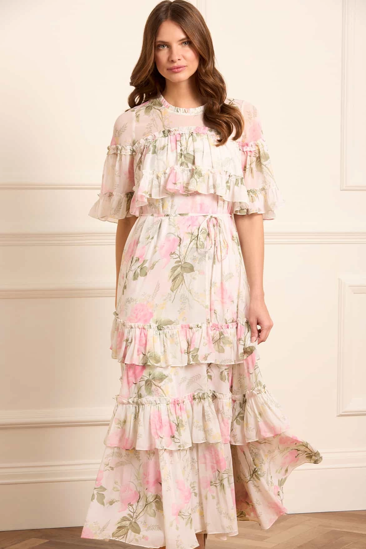Flexible Cut Rose Chiffon Tiered Cape Ankle Gown