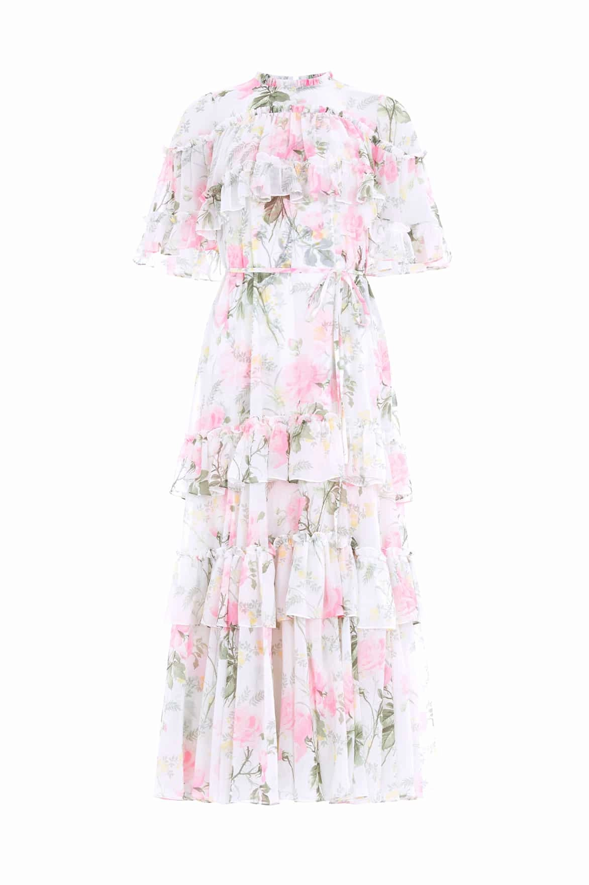 Rose Chiffon Tiered Cape Ankle Gown Soft Layers Pleat Breeze