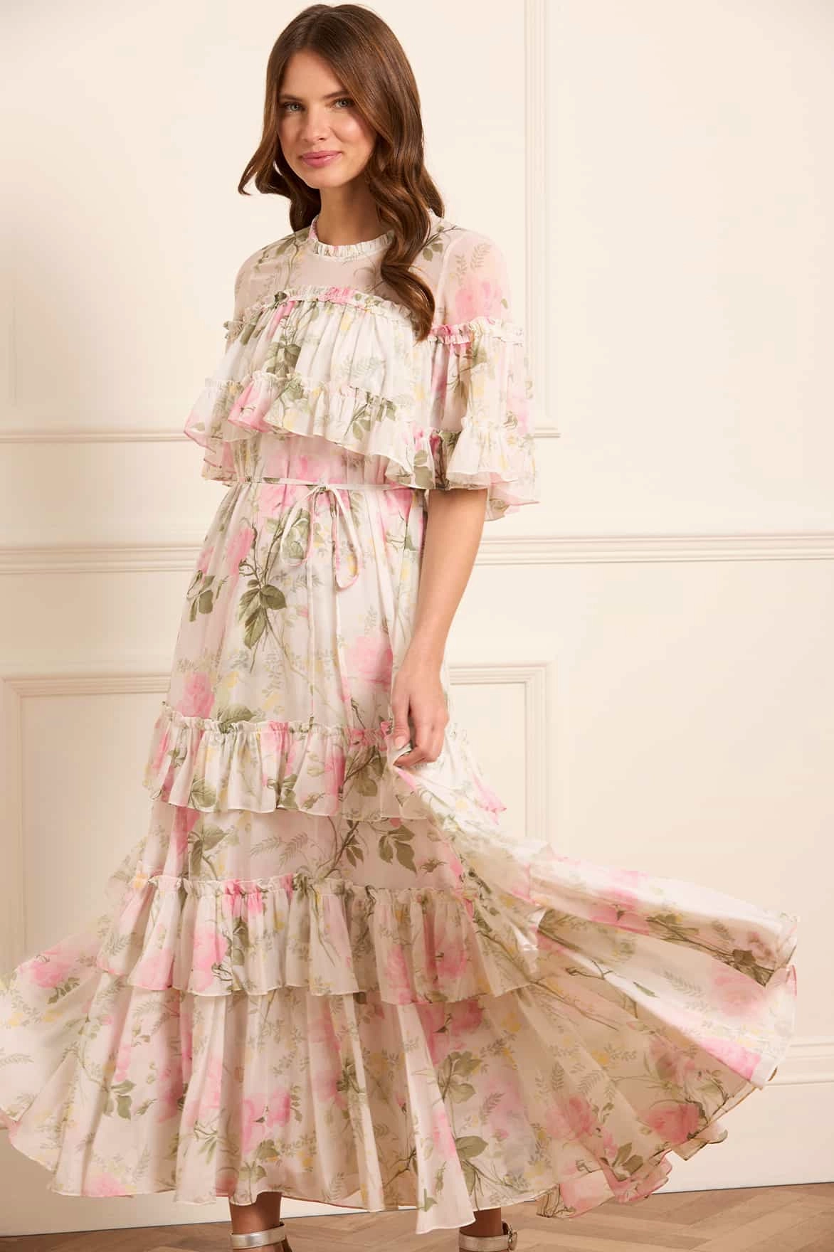 Tall Girl Rose Chiffon Tiered Cape Ankle Gown