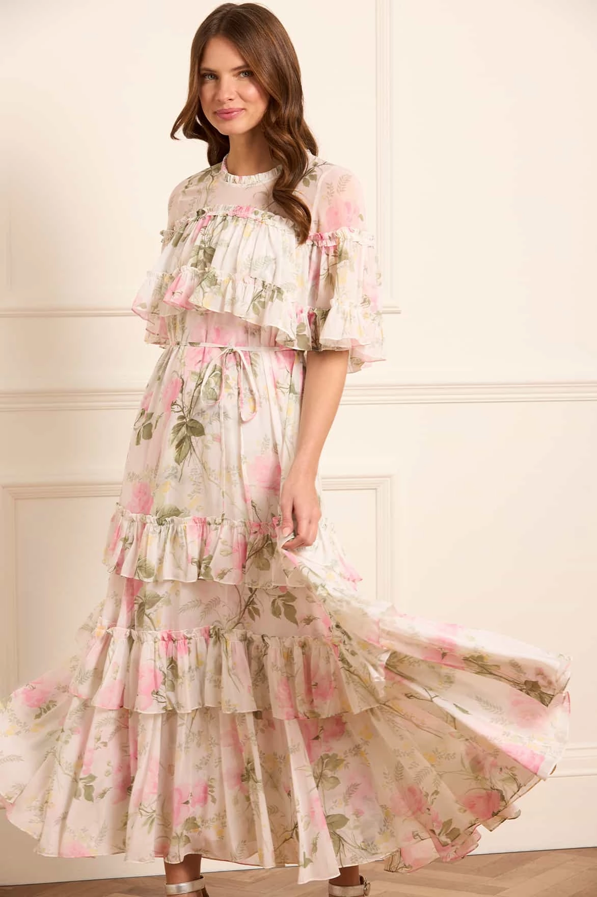 Rose Chiffon Tiered Cape Ankle Gown Draped Fabric