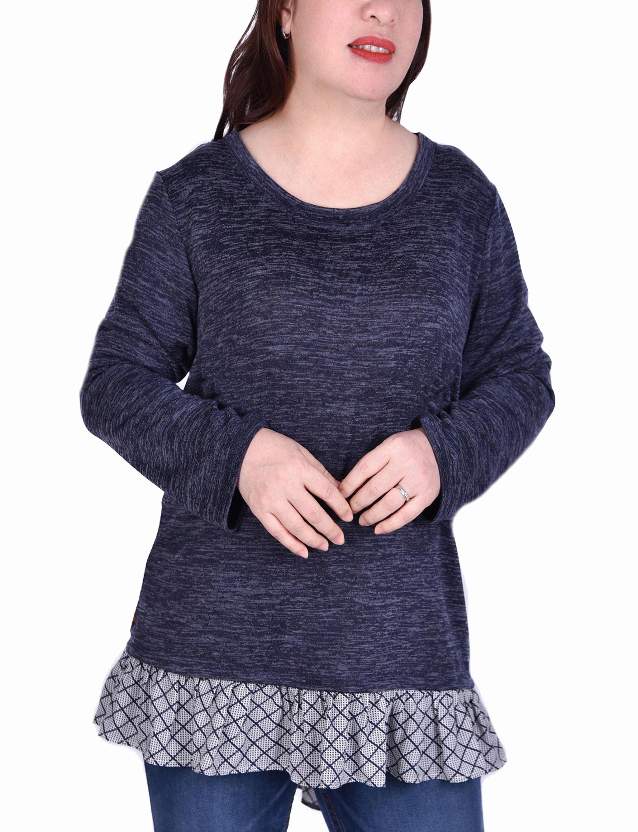 Long Sleeve Tunic Top With Ruffled Hem FrictionResistant Trim Contoured Side Panels