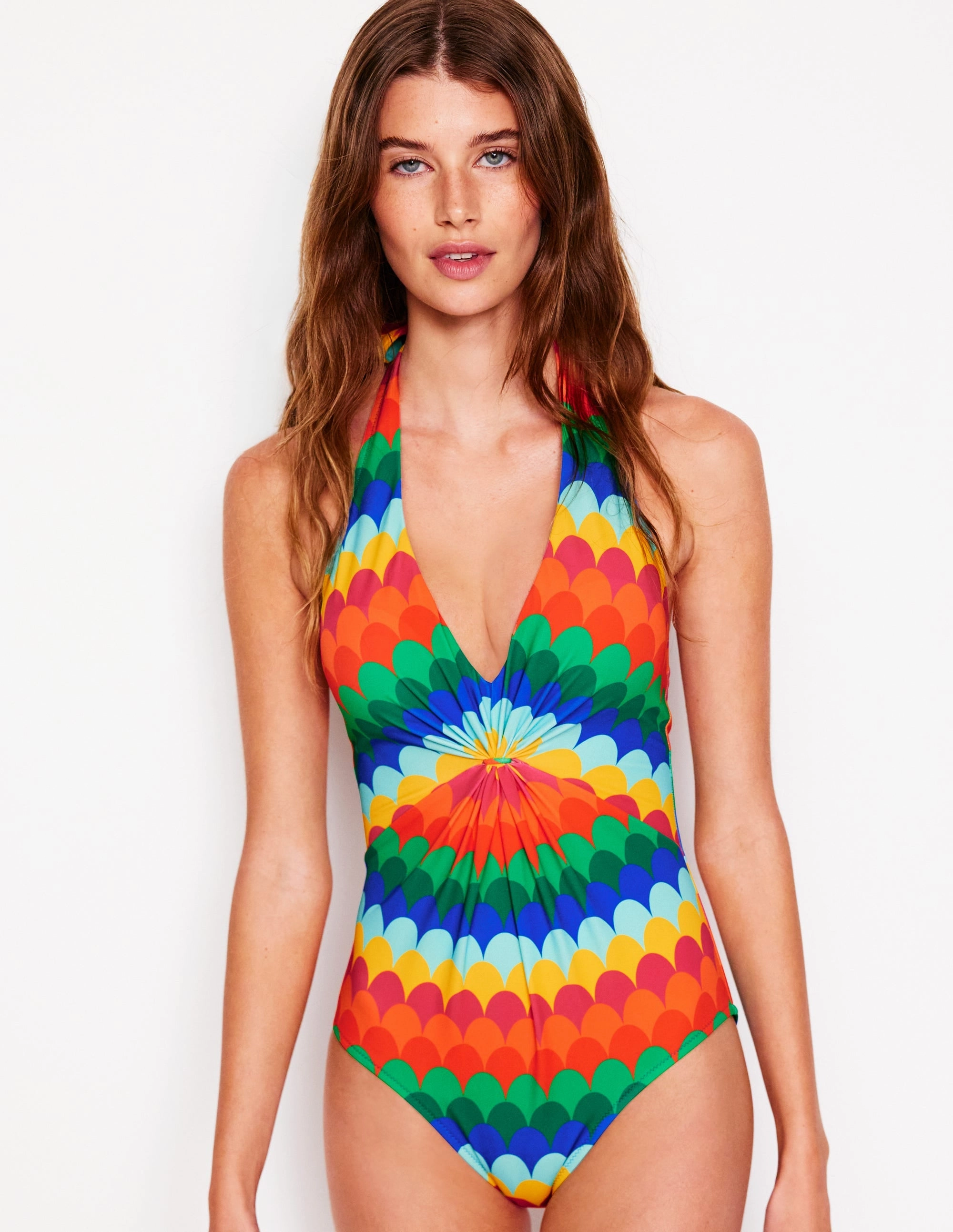 Ruched Loop Swimsuit-Multi, Scallop Stripe Odor Resistant Summer-Festival