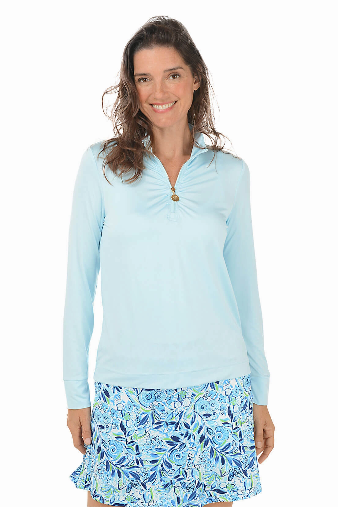 Ruched Quarter Zip Front UPF50 Sun Shirt Ribbed Trim SeamlessDesign