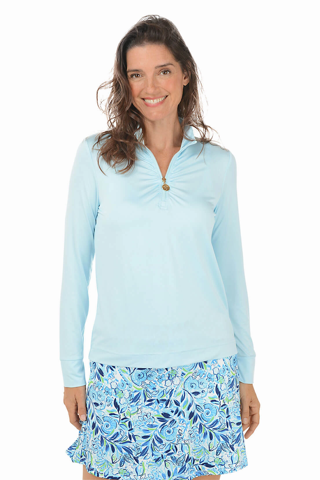 Tapered Side Panels YarnDyed Stripes Ruched Quarter Zip Front UPF50 Sun Shirt