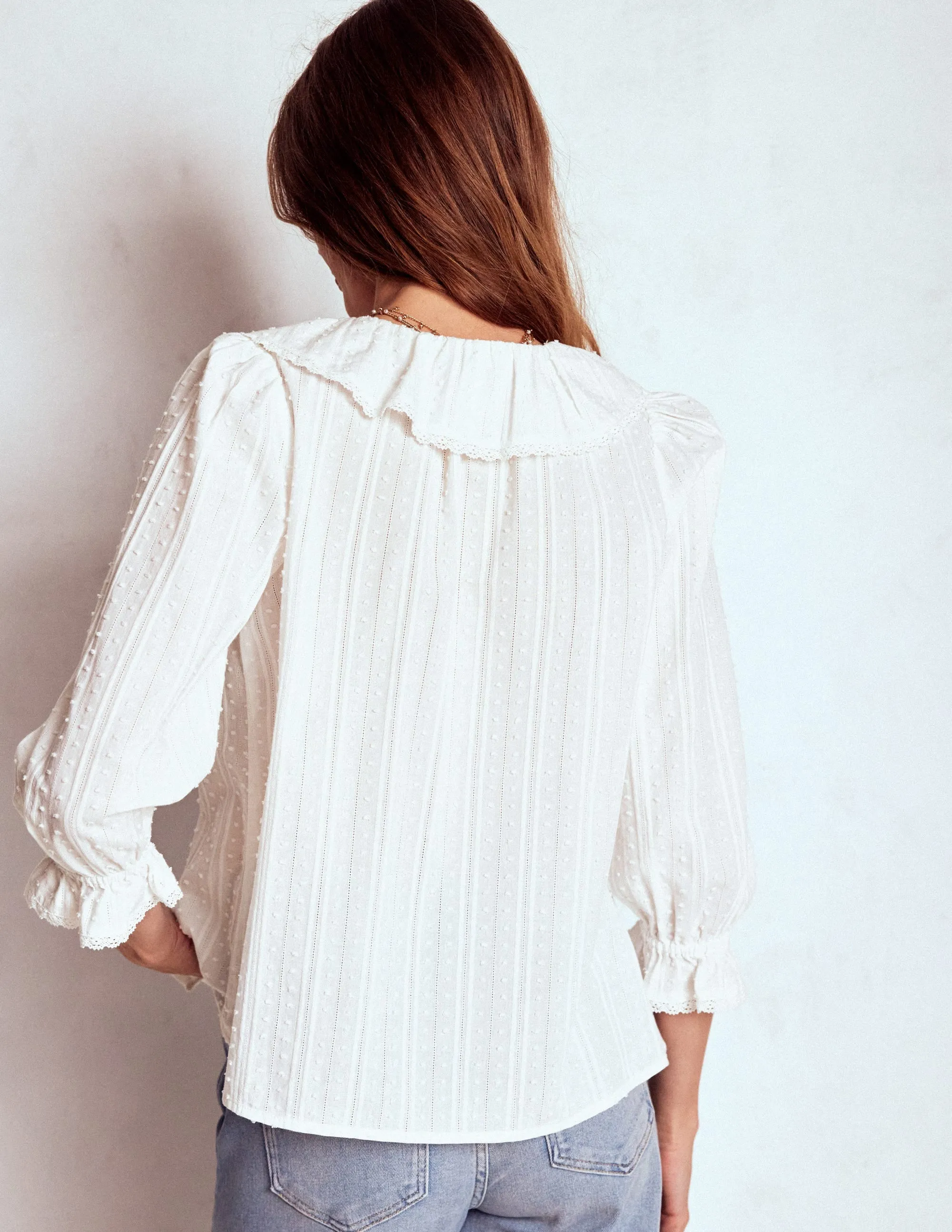 Ruffle V-Neck Blouse-White Scoop Neck Shape RawEdgedDesign