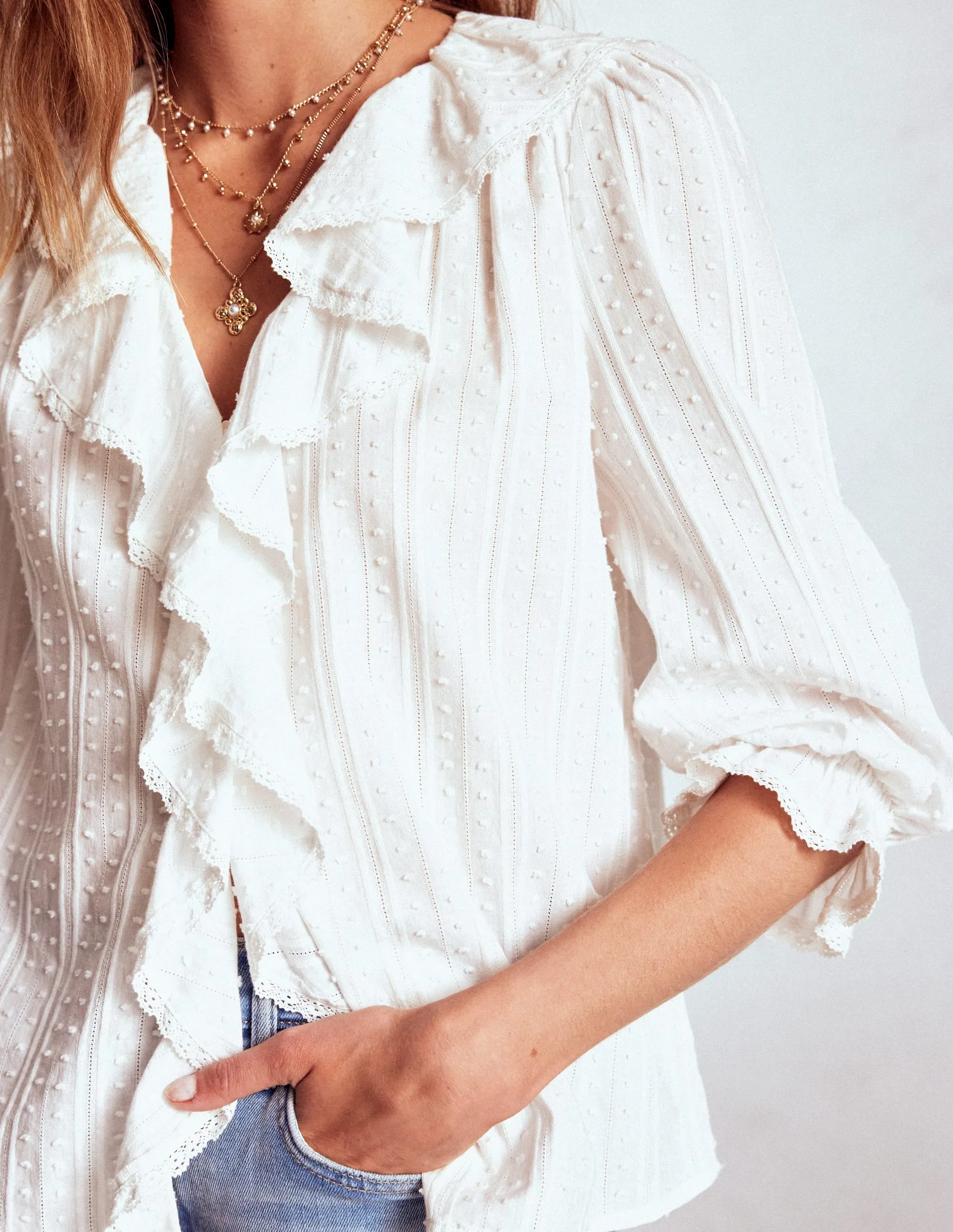 Layered Neckline Details Ruffle V-Neck Blouse-White