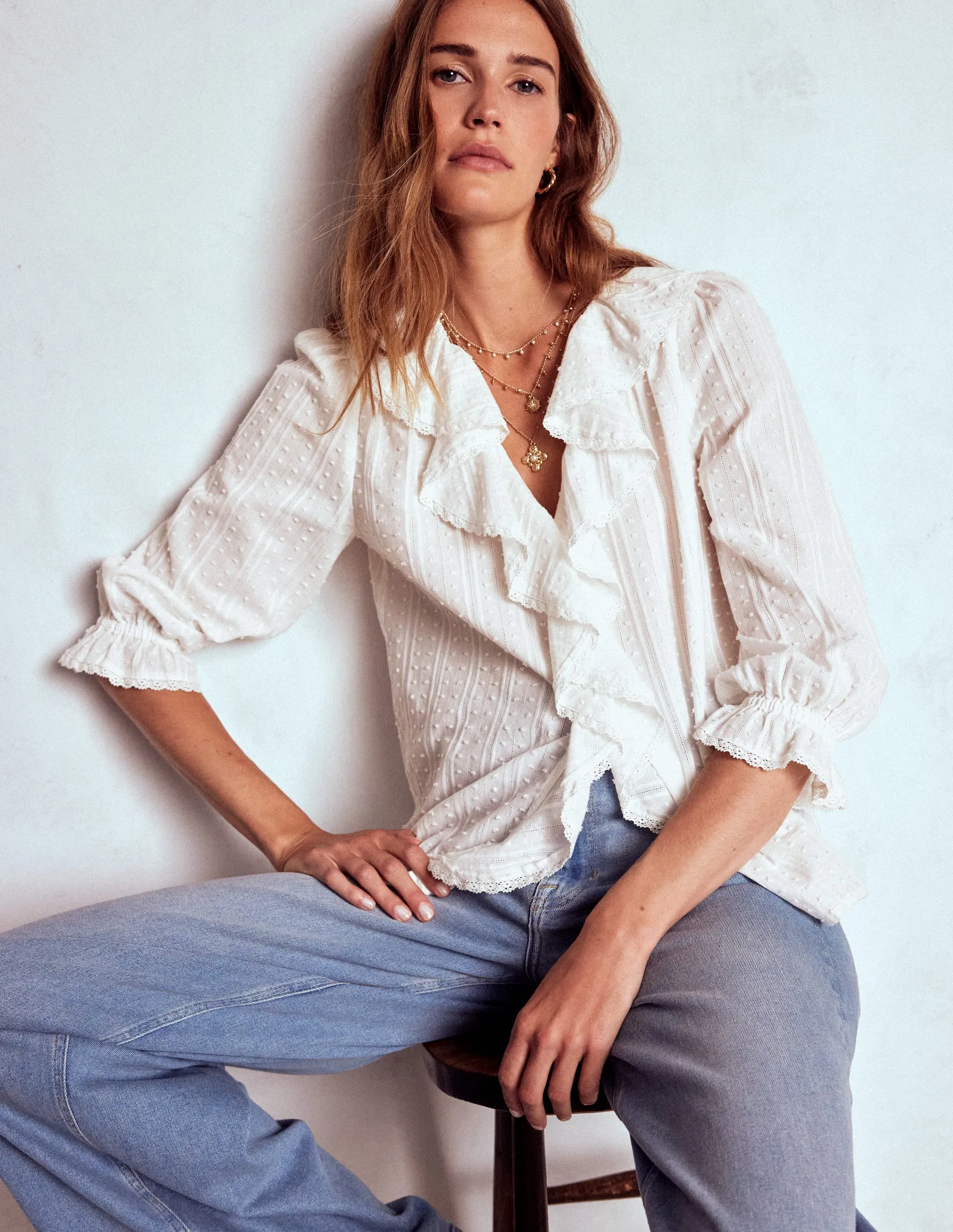 Comfort Cushion Neckline Ruffle V-Neck Blouse-White