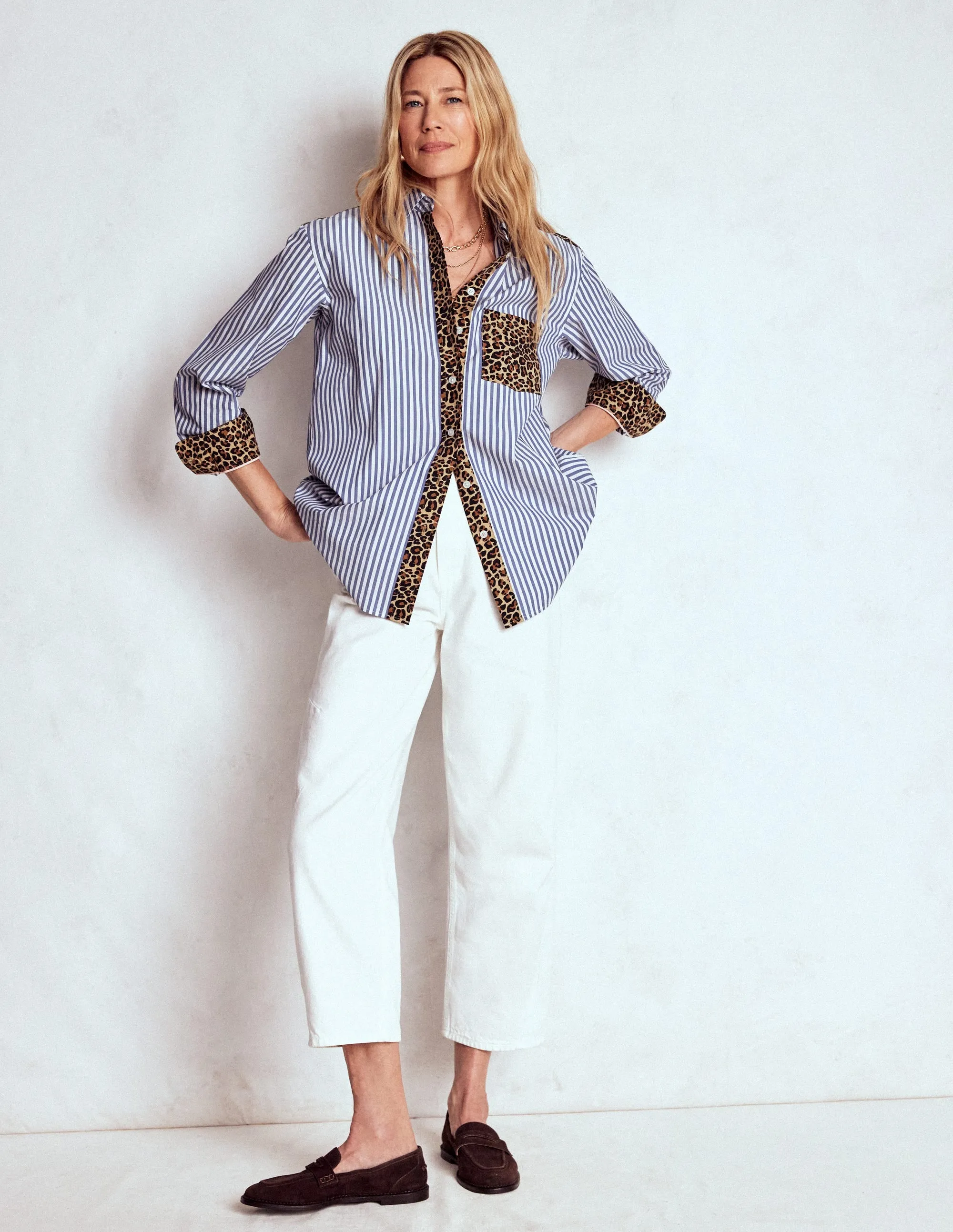 Sadie Relaxed Cotton Shirt-Blue Stripe, Cheetah Pop Hotch Non Restrictive Collar