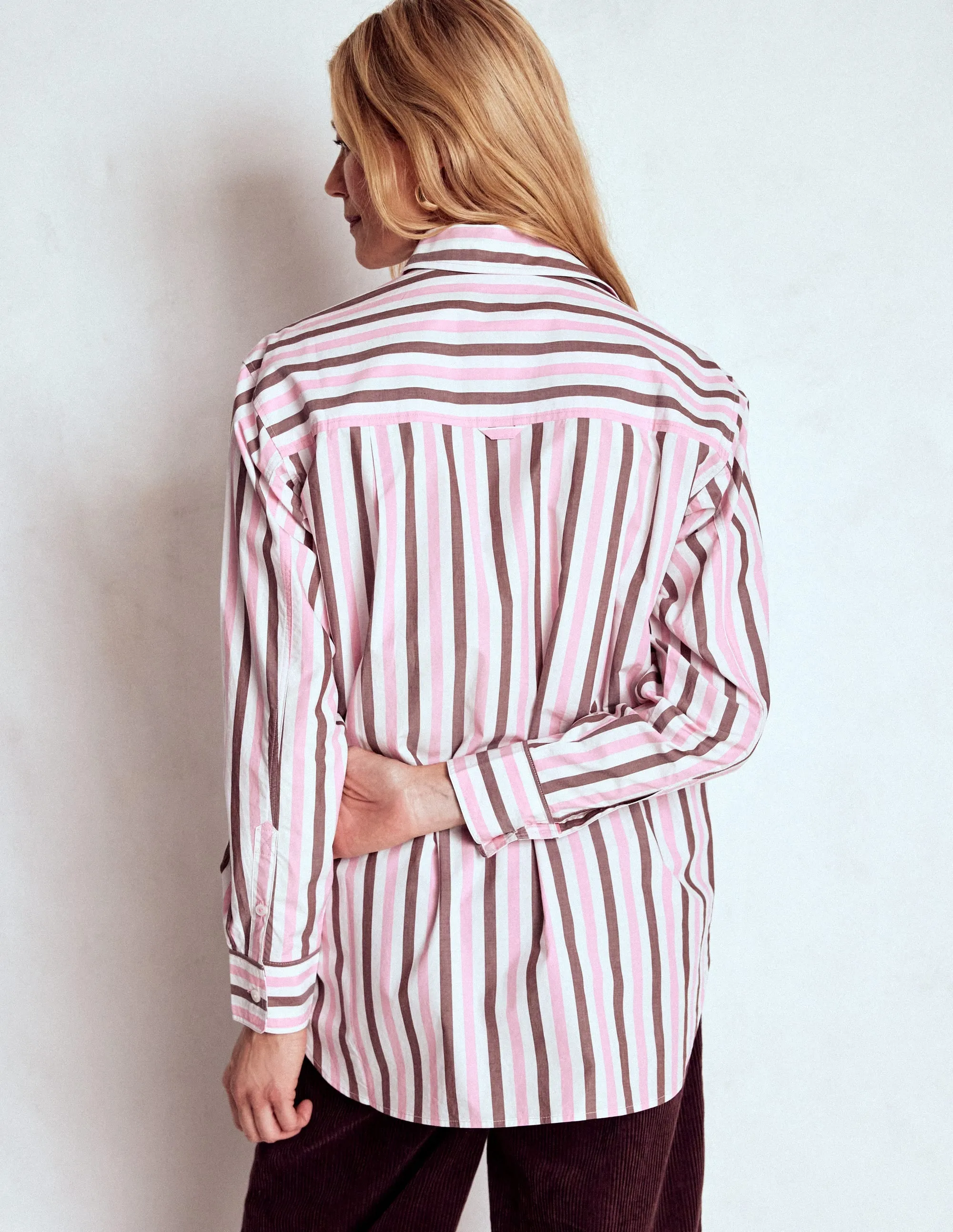 Sadie Relaxed Cotton Shirt-Pink and Chestnut Stripe Odor Resistant Finish
