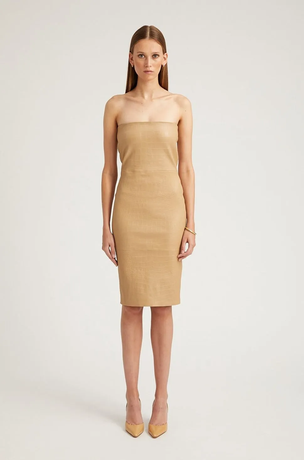 Empire-Waist Modern Edge Sahara Embossed Leather Pencil Dress