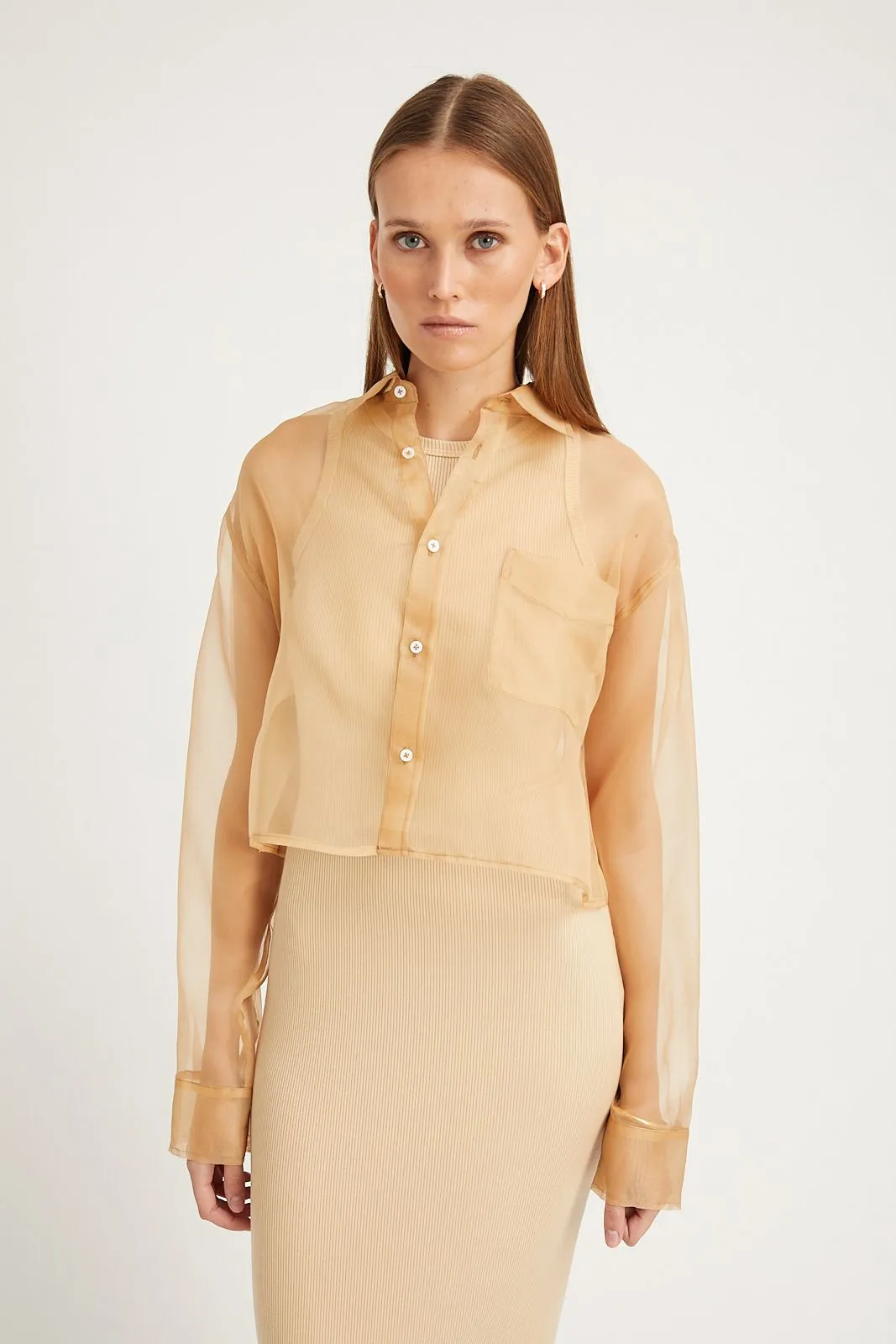 Minimalist Design Street Style Sahara Organza Cropped Button Down