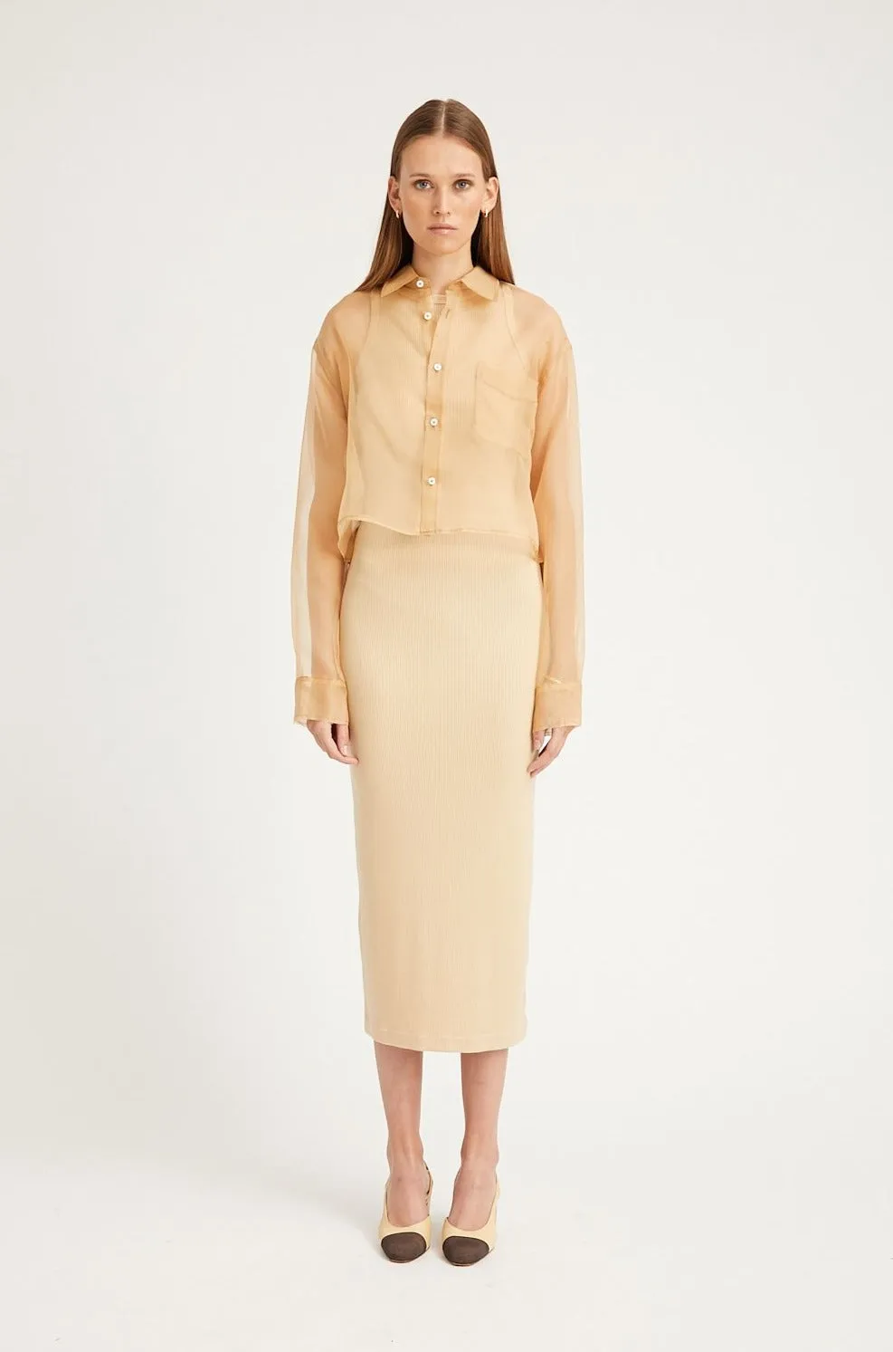 Contrast Stitch Detailing Classic Hoodie Sahara Organza Cropped Button Down