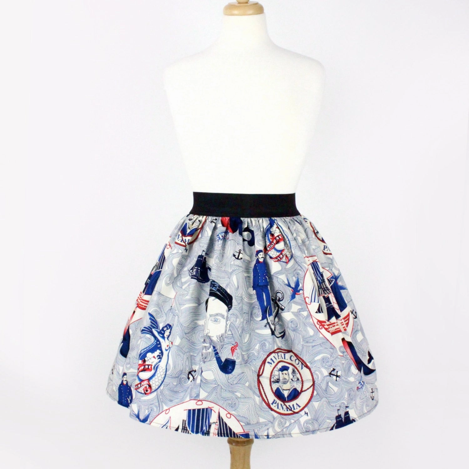 Bold Cut Contrast Panel Sailor Jerry Rockabilly Nautical Pleated Skirt  #PS-J111