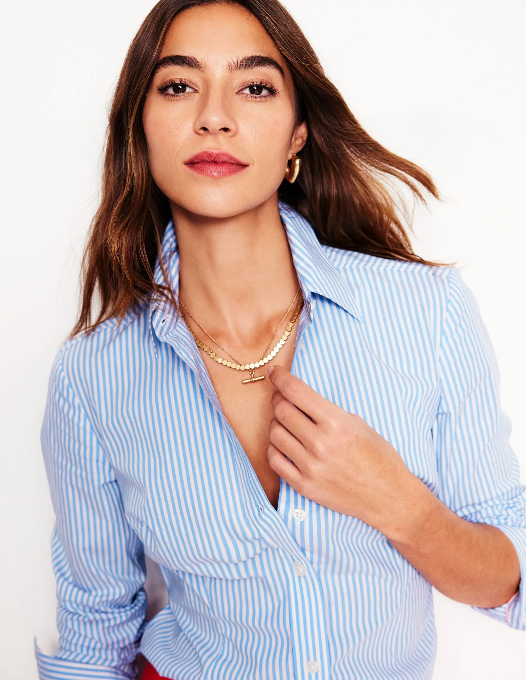 Microfiber texture Saskia Stretch Cotton Shirt-Forget Me Not, Ivory Stripe