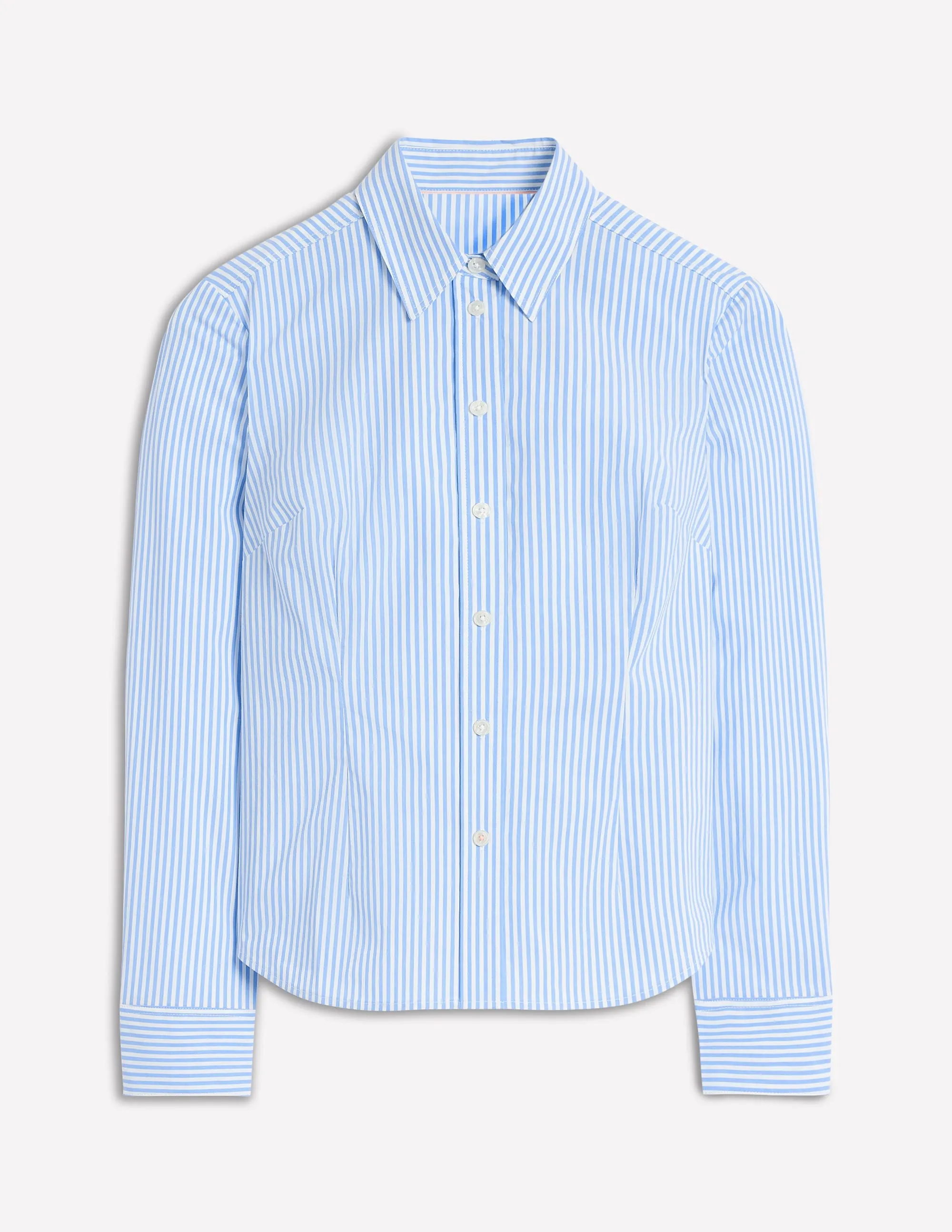 Saskia Stretch Cotton Shirt-Forget Me Not, Ivory Stripe Wrinkle Free Weave Ventilated Back Panel