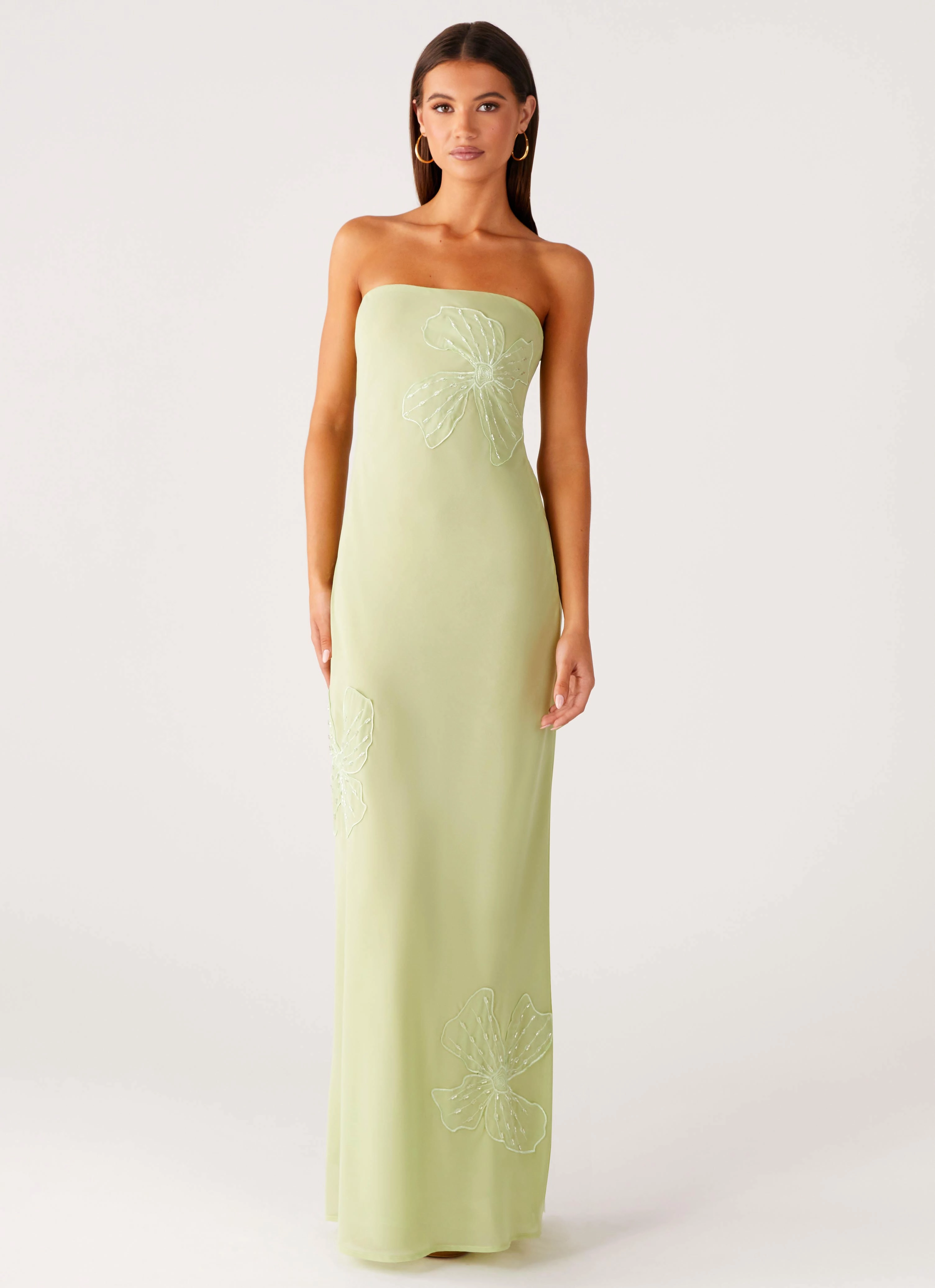 Sassafras Beaded Flower Strapless Maxi Dress - Lime