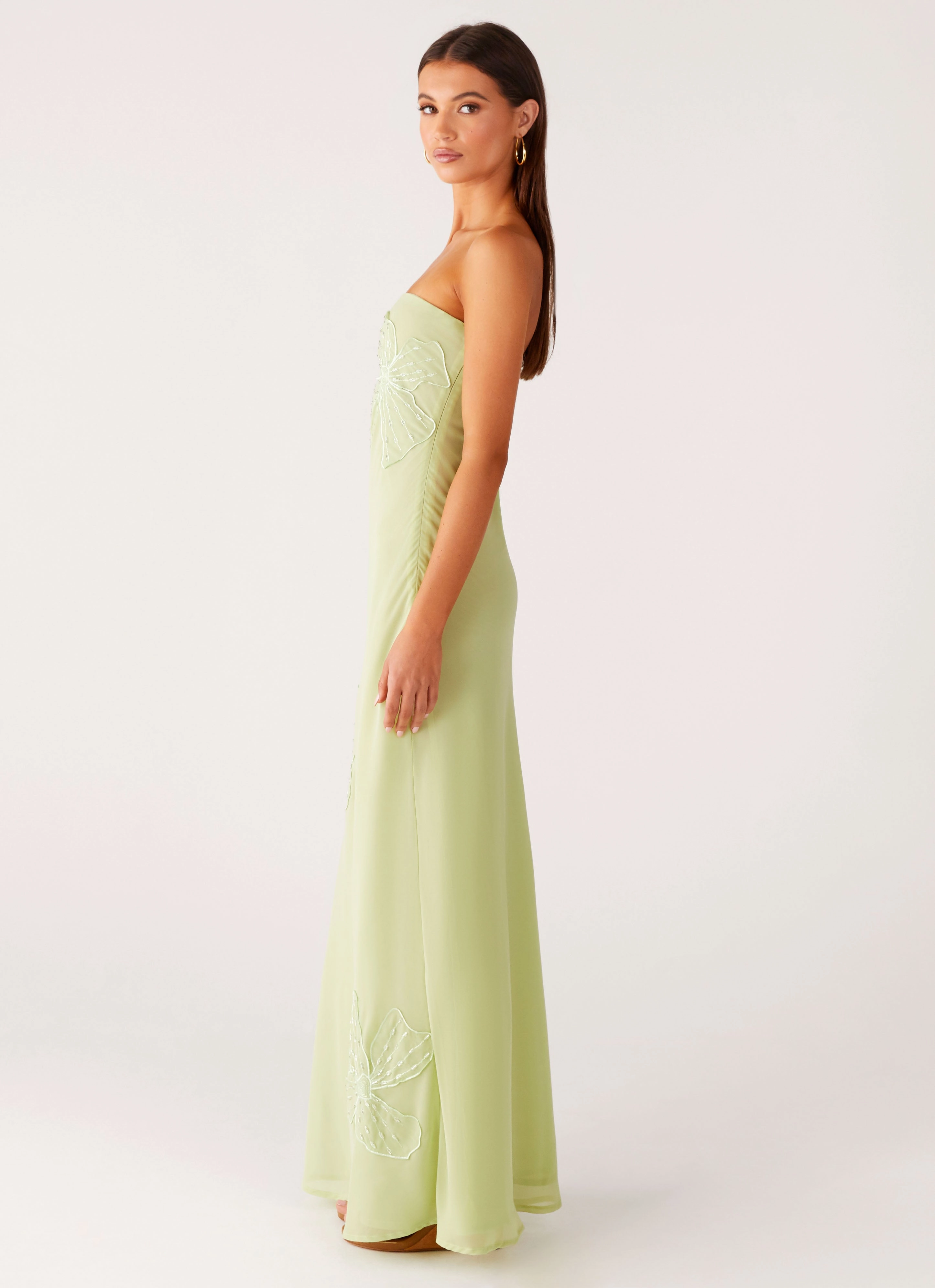 Sassafras Beaded Flower Strapless Maxi Dress - Lime