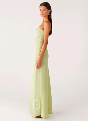 Sassafras Beaded Flower Strapless Maxi Dress - Lime