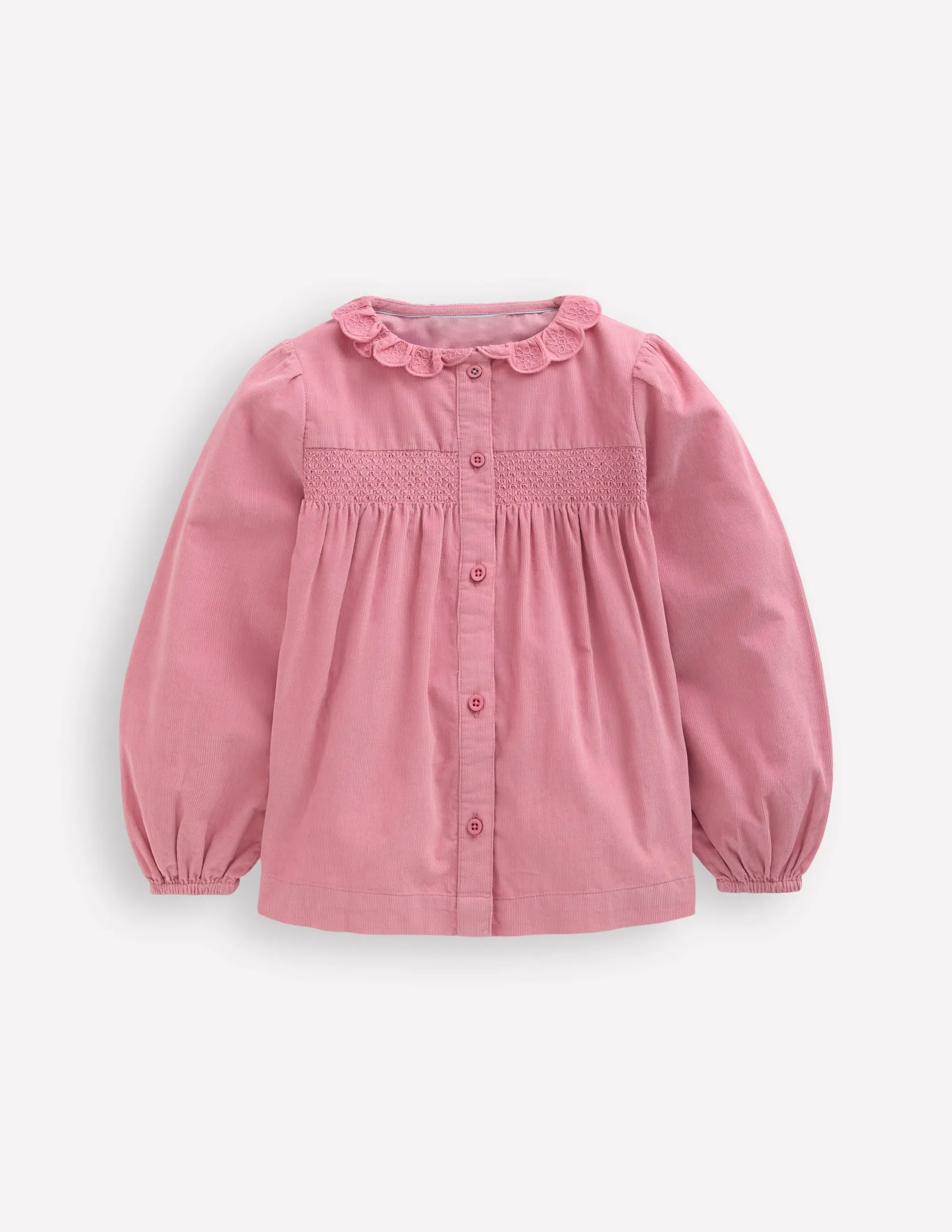 Scalloped Collar Smocked Shirt-Pink Cord Playful Prints