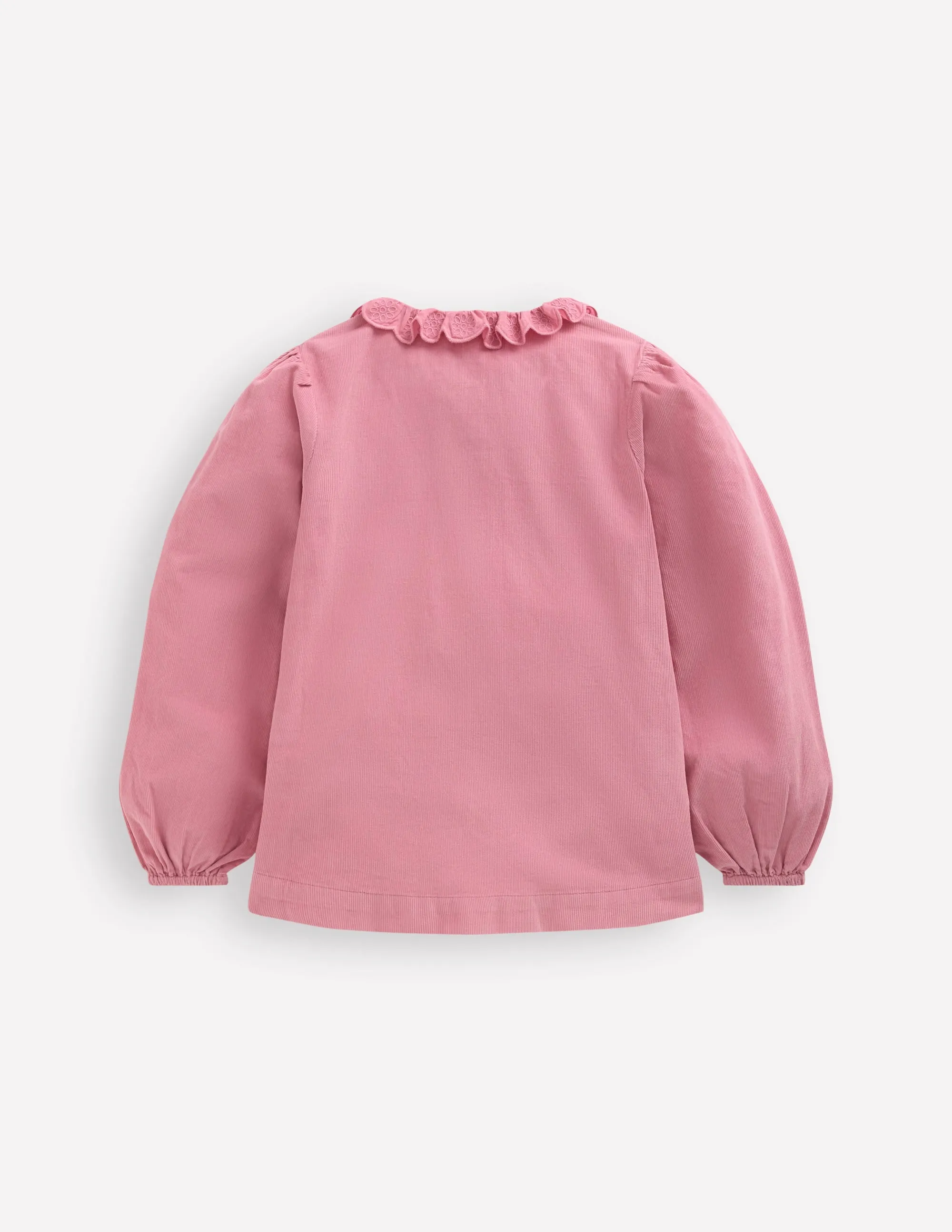 Scalloped Collar Smocked Shirt-Pink Cord Flexible Weave