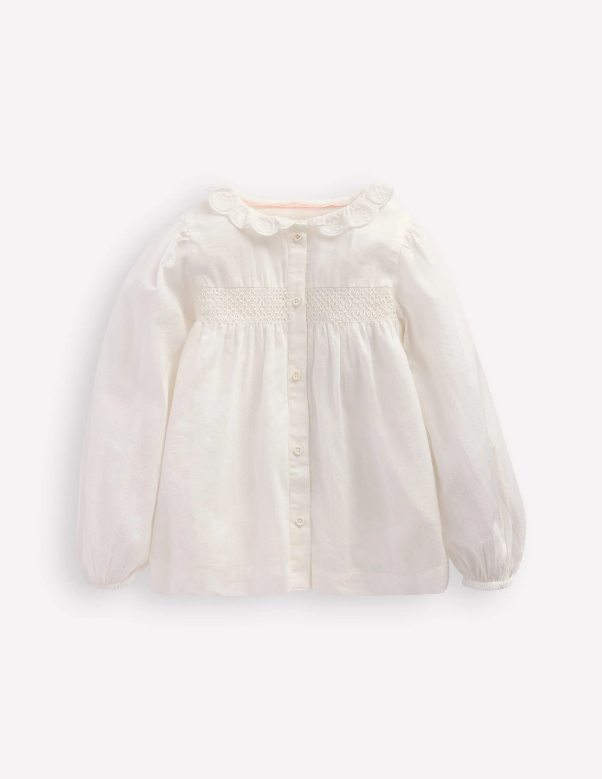 Scalloped Collar Smocked Shirt-Soft Ivory Quick Dry Technology