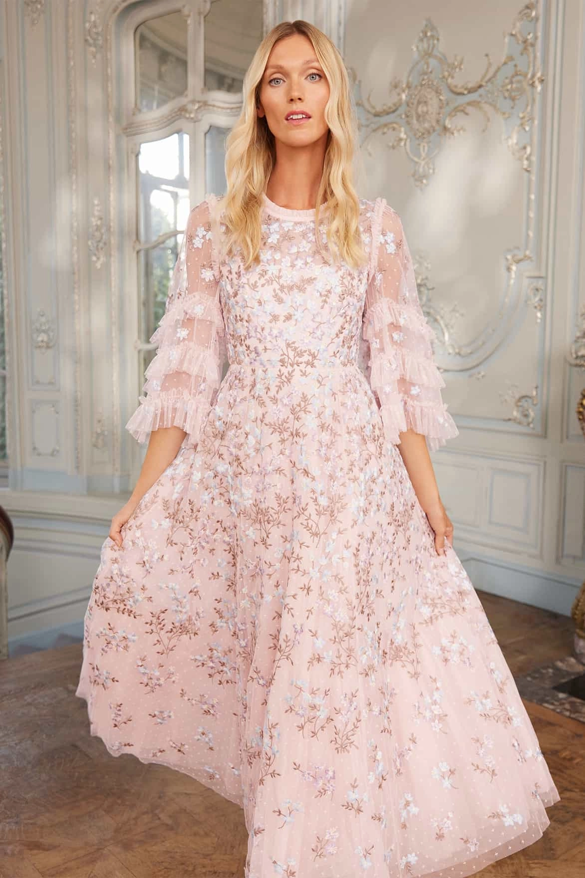 Lightweight-Lining Tailored Style Everett Bloom Round Neck Ankle Gown