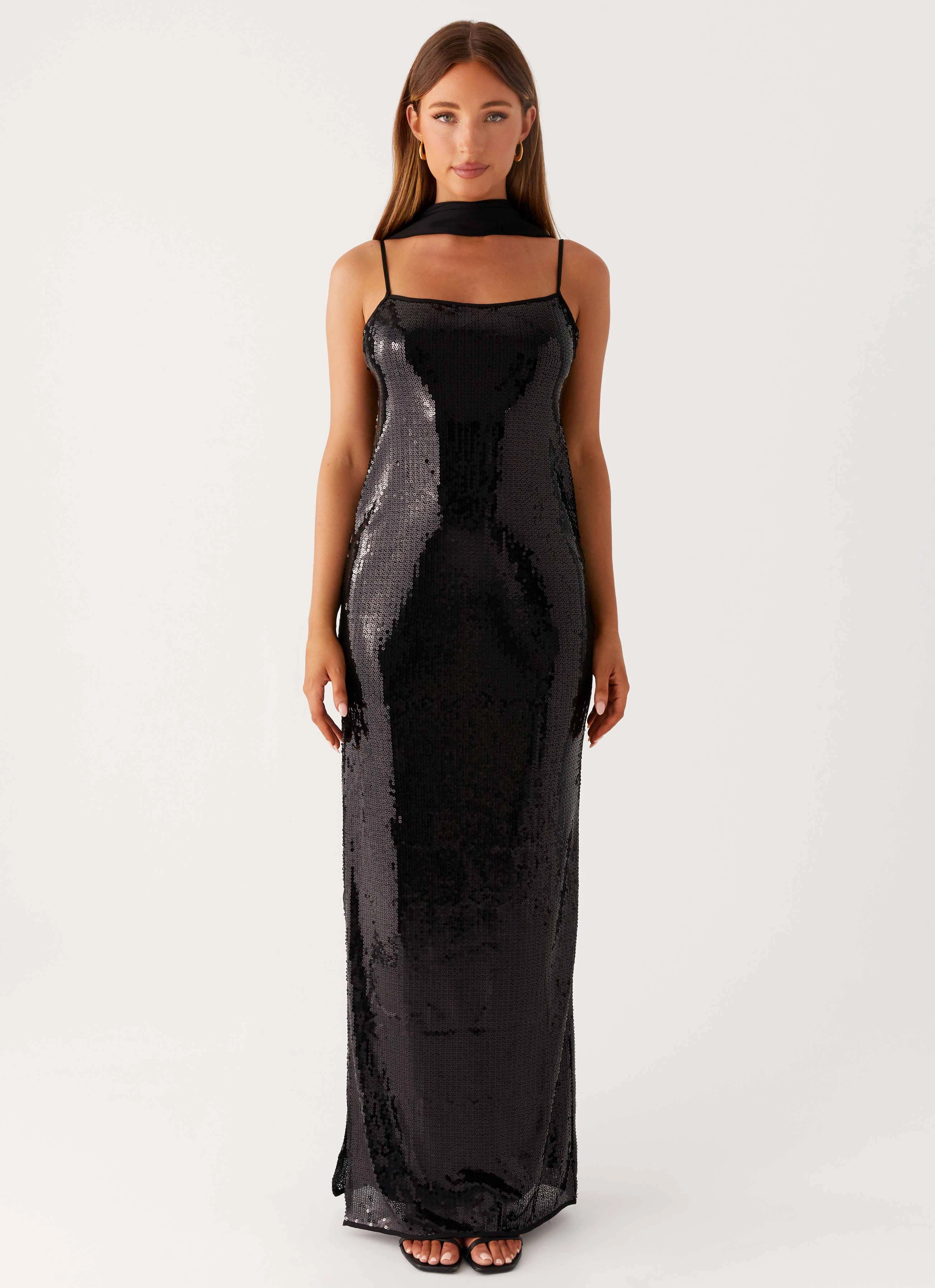 Scarf Neck Sequins Maxi Dress - Black