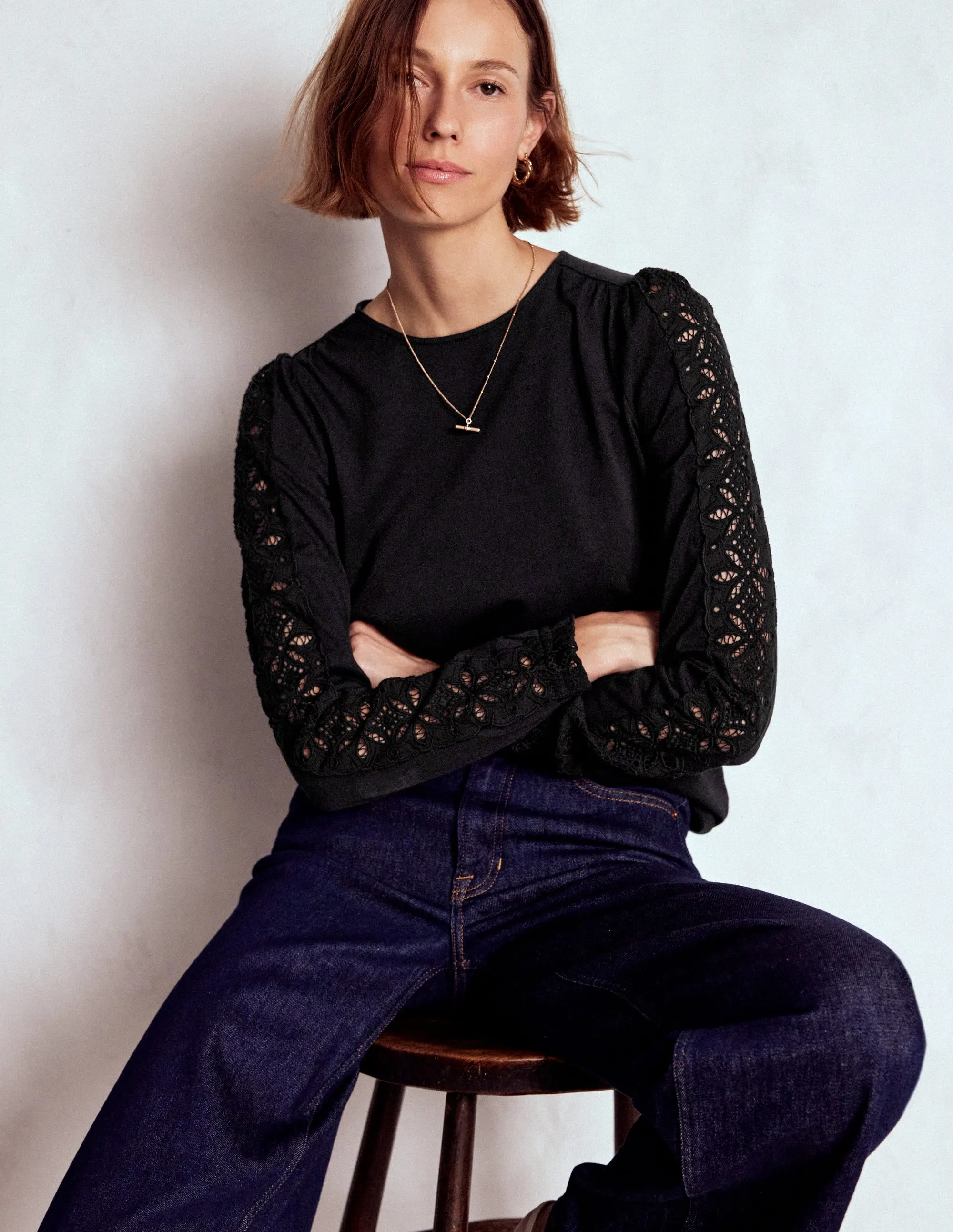 Scarlett Broderie Trim Top-Black slim fit