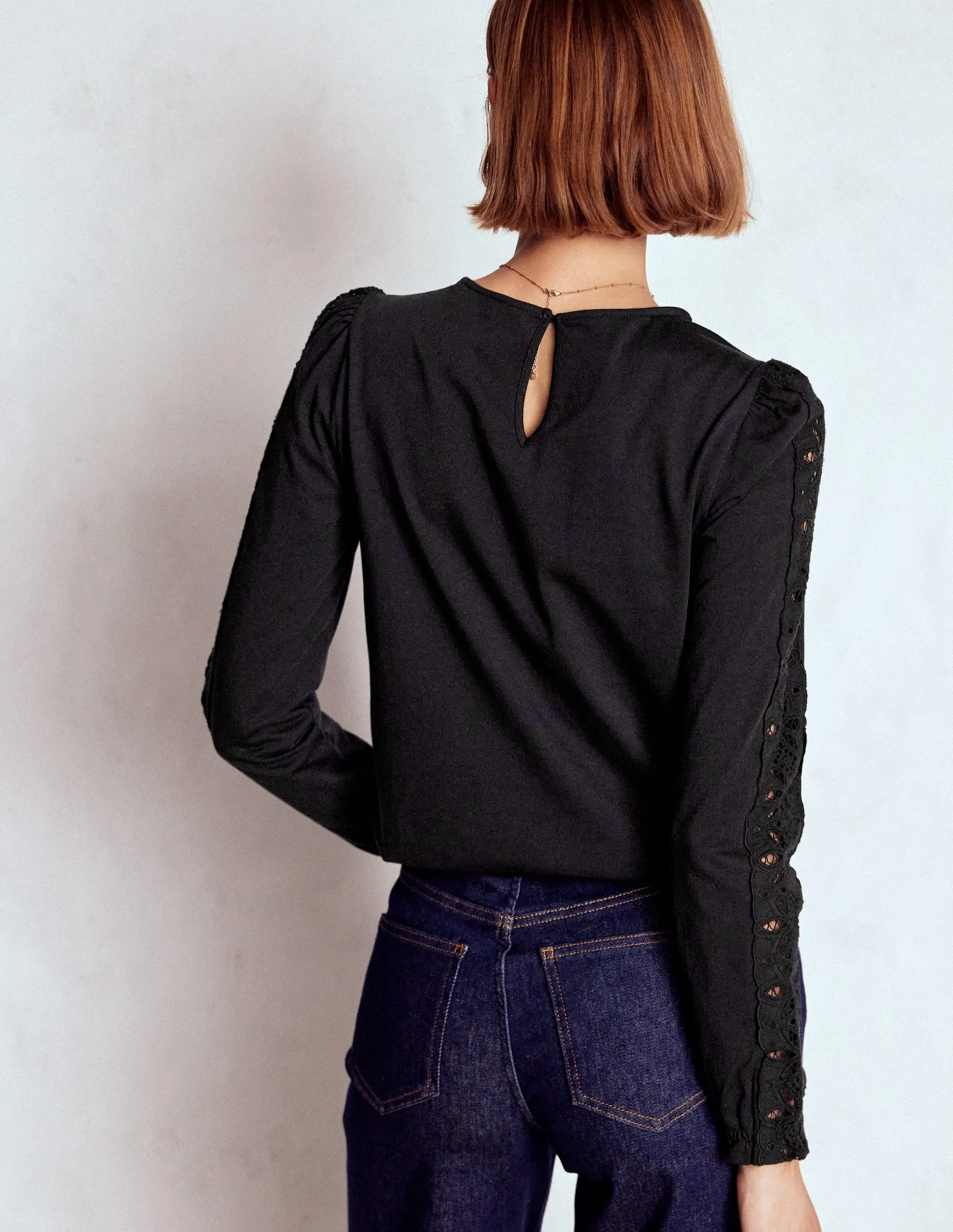 Scarlett Broderie Trim Top-Black Oversized Collar