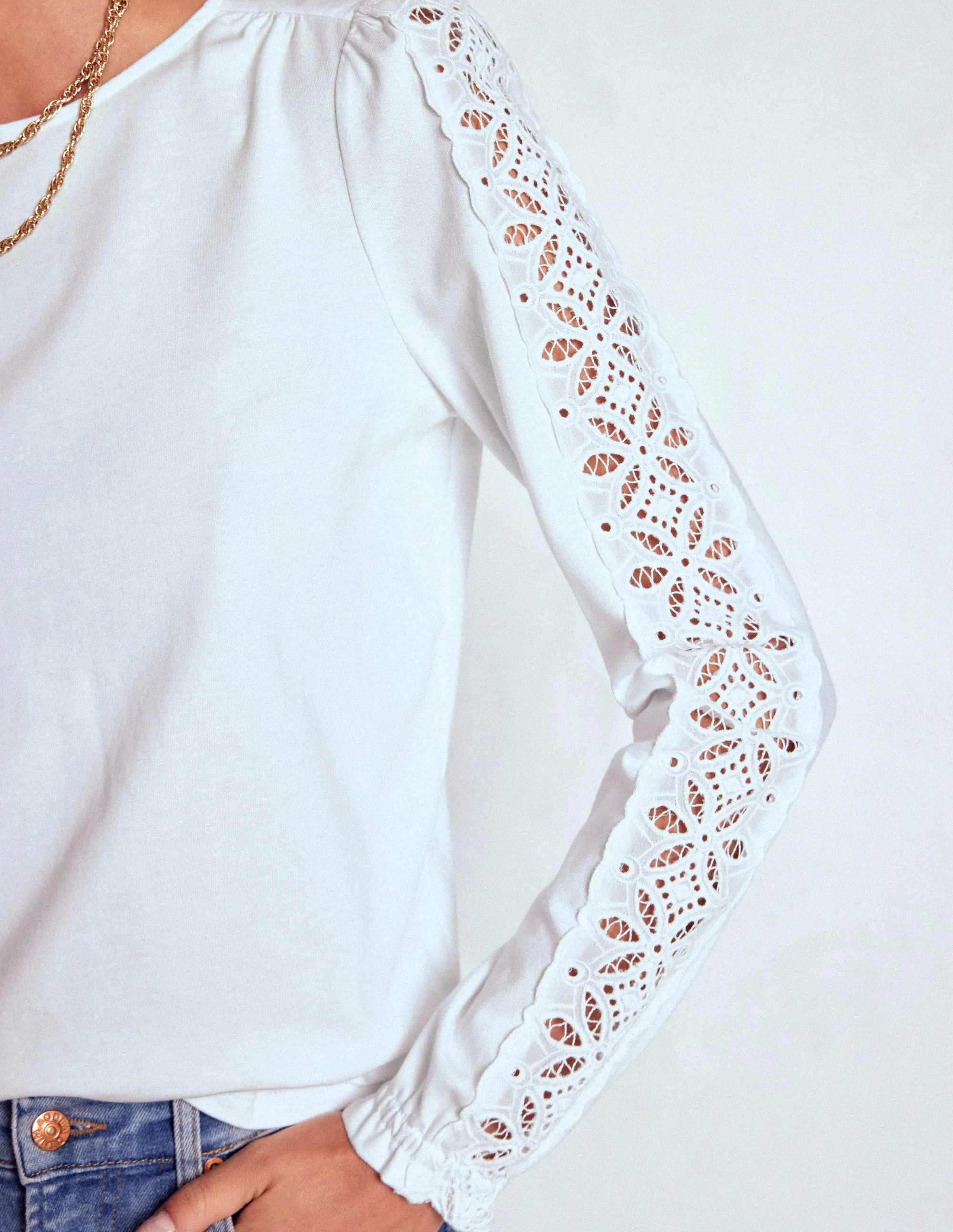 Stylish Look Scarlett Broderie Trim Top-White